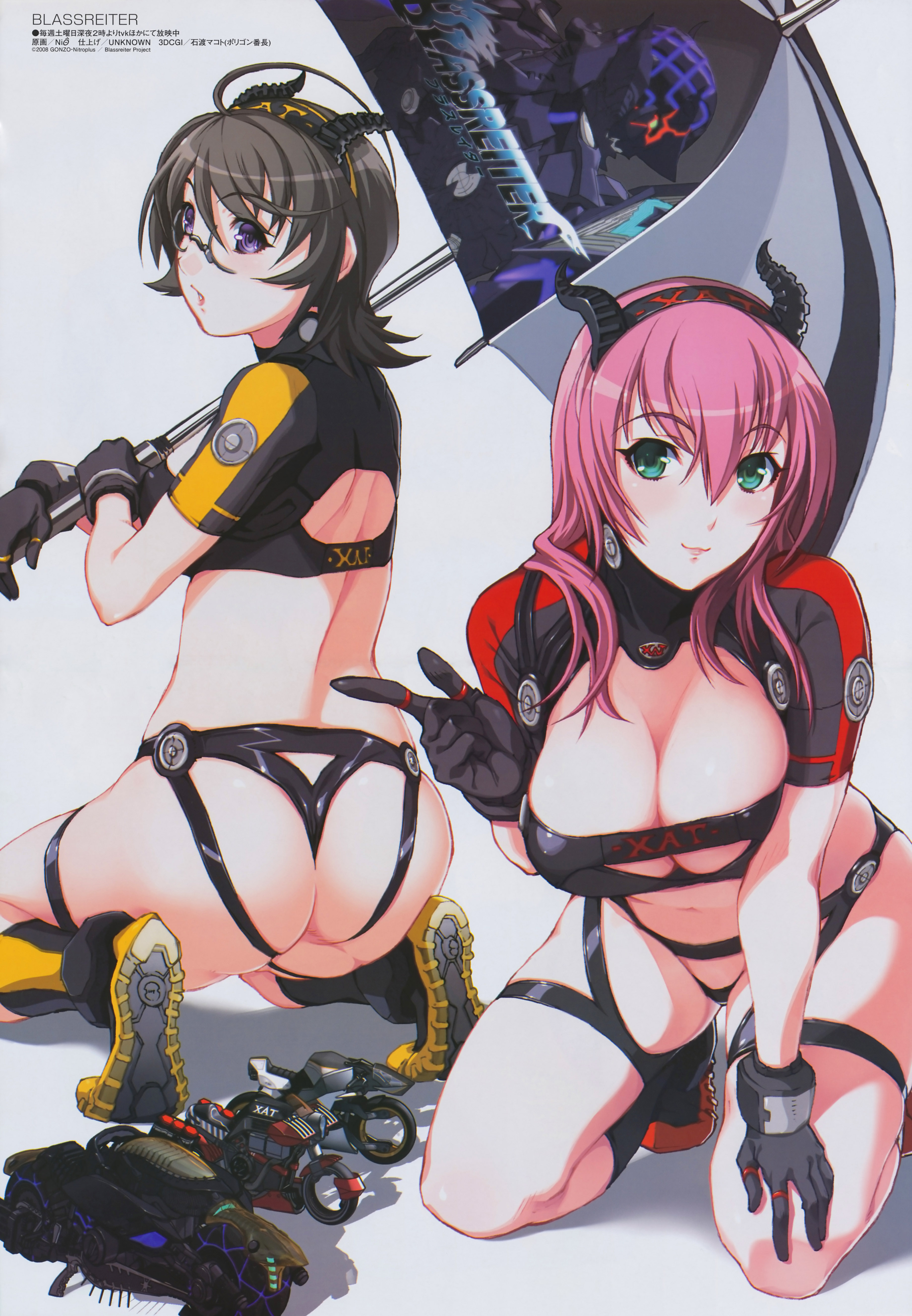 nishii (damnedrive), amanda werner, elea, joseph jobson, mei feng liu, blassreiter, megami magazine, nitroplus, vehicle, absurdres, highres, non-web source, scan, 00s, 2girls, ahoge, ass, back, blush, boots, breasts, brown hair, cleavage, cleavage cutout, clothing cutout, crop top, curvy, finger gun, glasses, gloves, green eyes, grey hair, hairband, horns, huge ass, kneeling, large breasts, leaning forward, lipstick, long hair, looking back, makeup, midriff, motor vehicle, motorcycle, multiple girls, no bra, open mouth, panties, pink hair, pointing, purple eyes, shiny clothes, short hair, smile, thigh strap, thong, umbrella, underwear