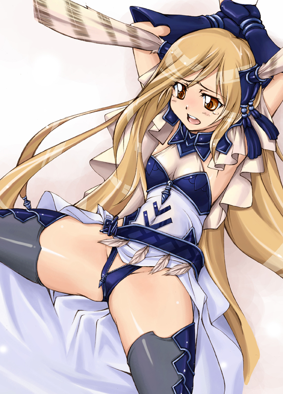 ayamo kaoru, lustercloud, 1girl, armpits, black thighhighs, blonde hair, blush, female focus, gloves, long hair, open fly, open mouth, open zipper, orange eyes, panties, solo, tears, thighhighs, underwear, unzipped, zipper