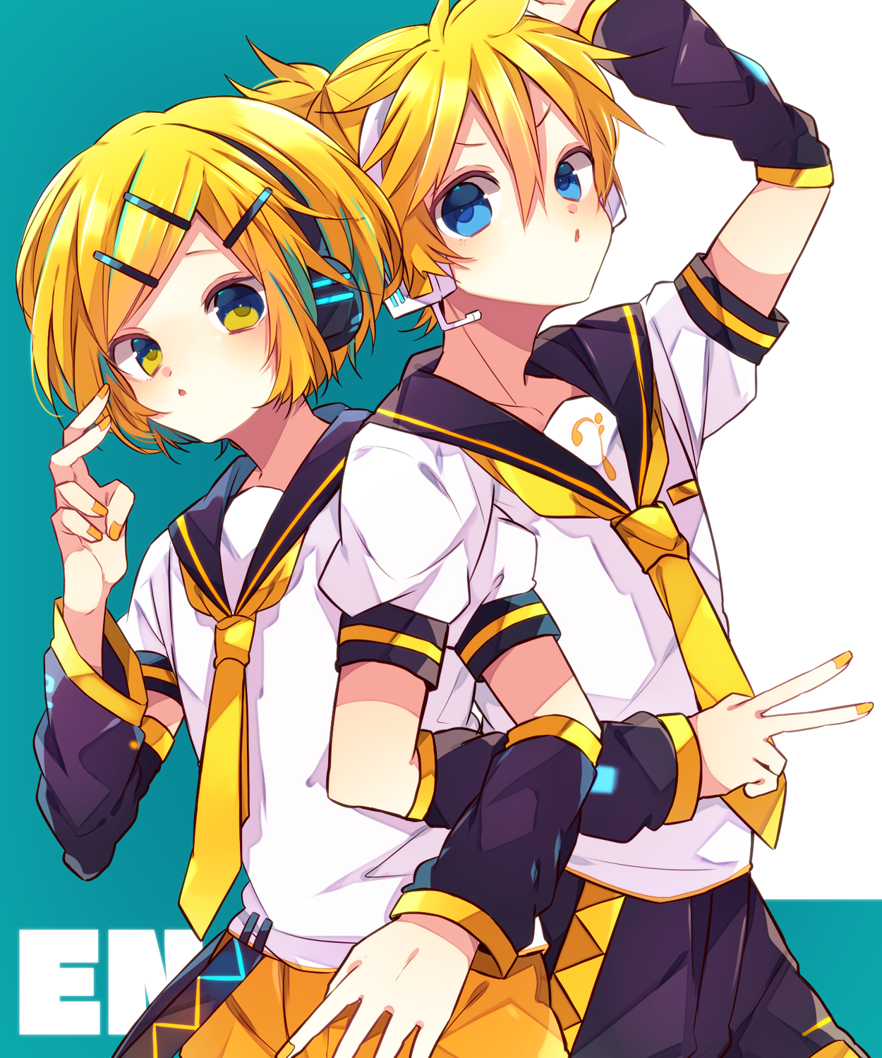 kaho 0102, kagamine len, kagamine len (if), vocaloid, commentary request, highres, 2boys, androgynous, arm up, arm warmers, bass clef, belt, black sailor collar, black shorts, blonde hair, blue eyes, character name, dual persona, hair ornament, hairclip, headphones, headset, locked arms, male focus, multiple boys, nail polish, necktie, ponytail, sailor collar, school uniform, shirt, short ponytail, short sleeves, shorts, spiked hair, swept bangs, v, white shirt, yellow eyes, yellow nails, yellow necktie, yellow shorts