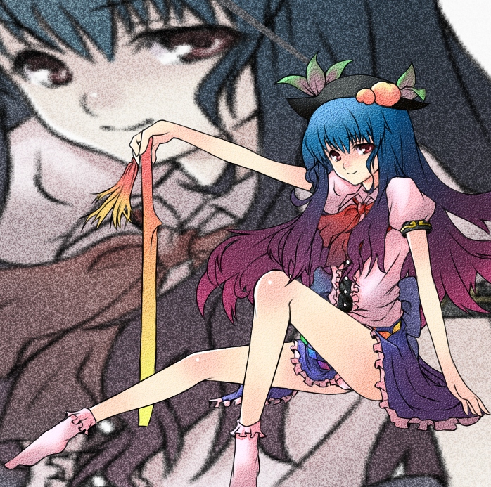 hitoto, hinanawi tenshi, touhou, bad id, bad pixiv id, 1girl, bobby socks, female focus, food, fruit, hat, long hair, peach, ribbon, socks, solo, sword, sword of hisou, weapon, zoom layer