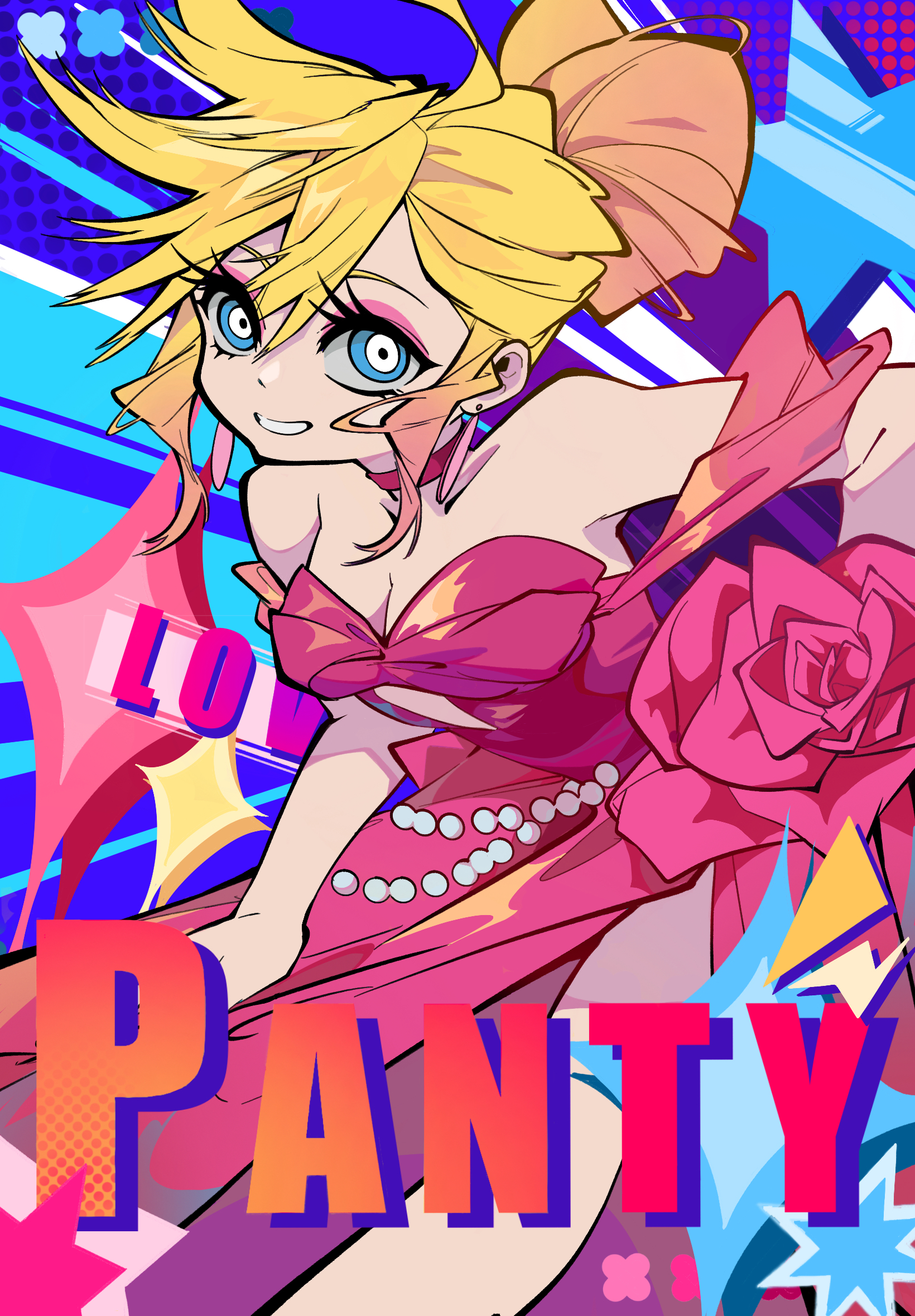 panty (psg), panty & stocking with garterbelt, highres, procreate (medium), blonde hair, blue eyes, breasts, dress, gem, grin, hair bun, looking at viewer, medium breasts, pearl (gemstone), pink dress, single hair bun, smile, yuuuuuuuuu47485