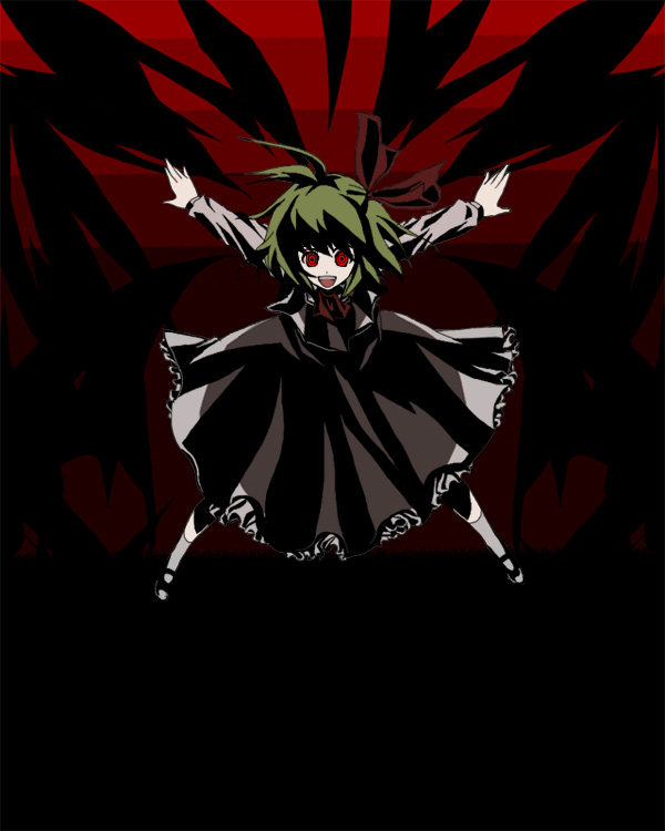 awa (pixiv), awa toka, rumia, embodiment of scarlet devil, touhou, bad id, bad pixiv id, 1girl, blonde hair, dark, darkness, female focus, hair ribbon, necktie, open mouth, outstretched arms, red eyes, ribbon, short hair, solo, spread arms