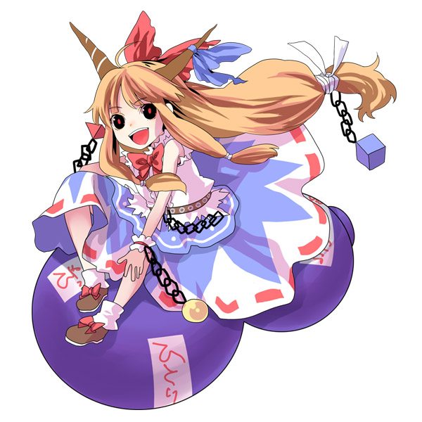 yoko (shiocolor), ibuki suika, touhou, bad id, bad pixiv id, 1girl, chain, female focus, horns, long hair, ribbon, simple background, siomusubi, sitting, solo, white background