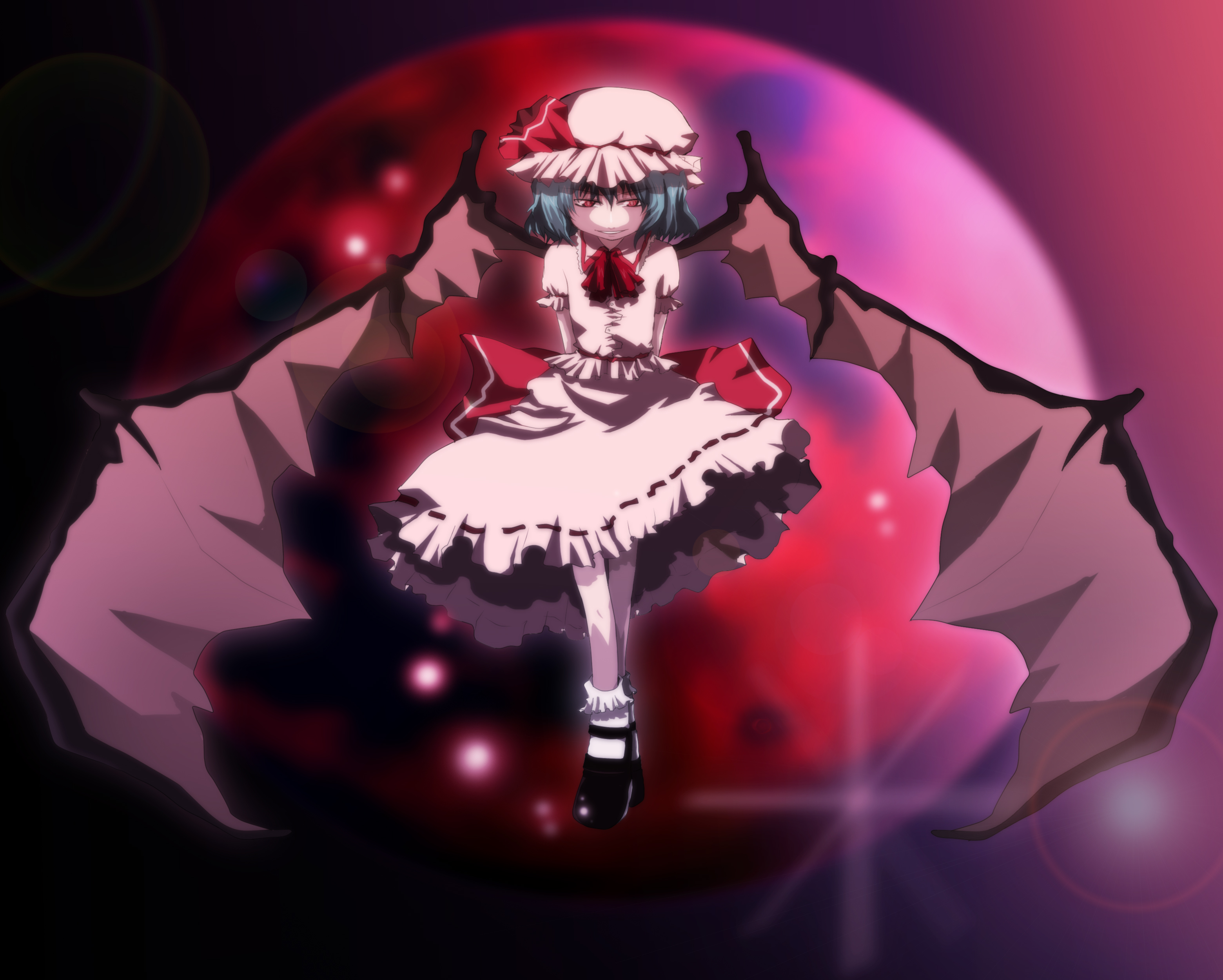 shion (ikihara), shion (pixiv), remilia scarlet, touhou, absurdres, bad id, bad pixiv id, highres, 1girl, blue hair, female focus, hat, ribbon, short hair, solo, wings