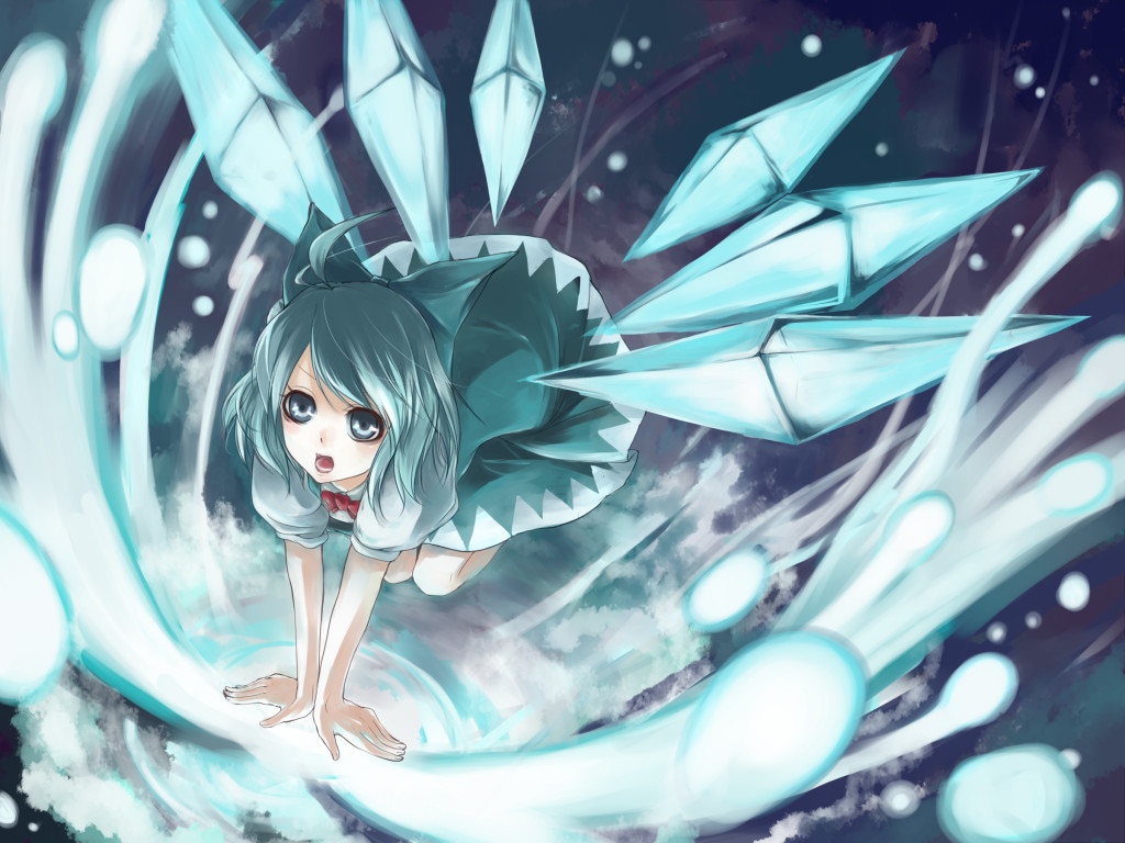 miya9, cirno, embodiment of scarlet devil, touhou, 1girl, ahoge, blue hair, dress, female focus, ribbon, short hair, solo, wings
