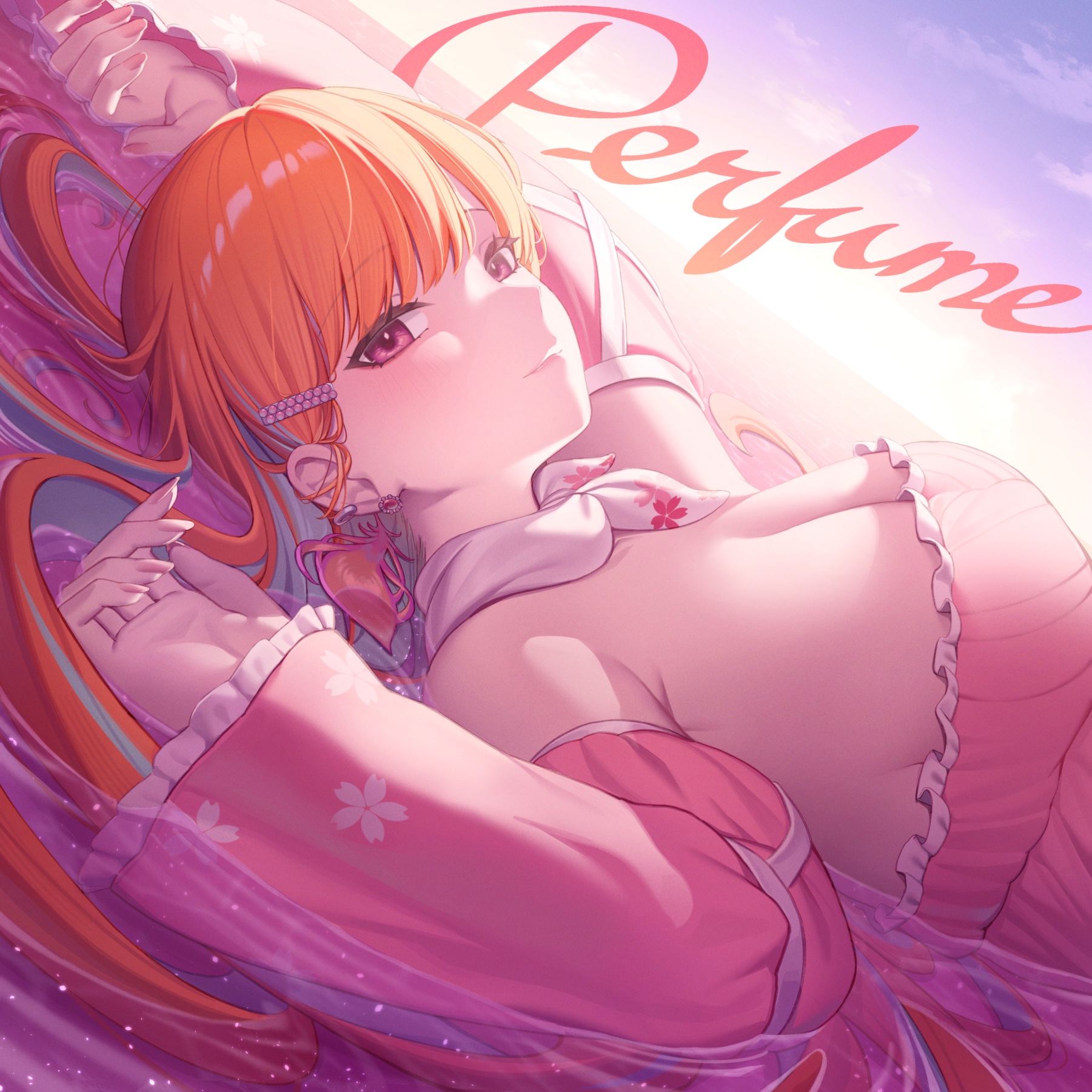 resu desu, takanashi kiara, takanashi kiara (perfume), hololive, hololive english, highres, 1girl, breasts, cherry blossom print, cleavage, detached sleeves, dress, earrings, feather earrings, feathers, floral print, floral print sleeves, green hair, jewelry, large breasts, long hair, looking at viewer, official alternate costume, official alternate hairstyle, orange hair, perfume (takanashi kiara), pink dress, pink sleeves, purple eyes, solo, virtual youtuber