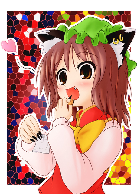 pilky, chen, touhou, bad id, bad pixiv id, 1girl, animal ears, cat ears, cat girl, china dress, chinese clothes, dress, earrings, fang, female focus, hat, heart, jewelry, ribbon, solo, upper body