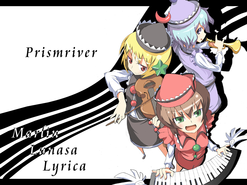 kasuga ayumu (artist), kasuga ayumu (haruhipo), lunasa prismriver, lyrica prismriver, merlin prismriver, touhou, bad id, bad pixiv id, 3girls, blonde hair, blue hair, brown hair, female focus, hat, instrument, kasuga (pixiv), keyboard, keyboard (instrument), letterboxed, multiple girls, short hair, siblings, sisters, trumpet, violin