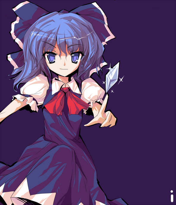 ideolo, cirno, embodiment of scarlet devil, touhou, 1girl, alphes (style), blue hair, bow, element bender, female focus, ice, parody, ribbon, short hair, solo, style parody