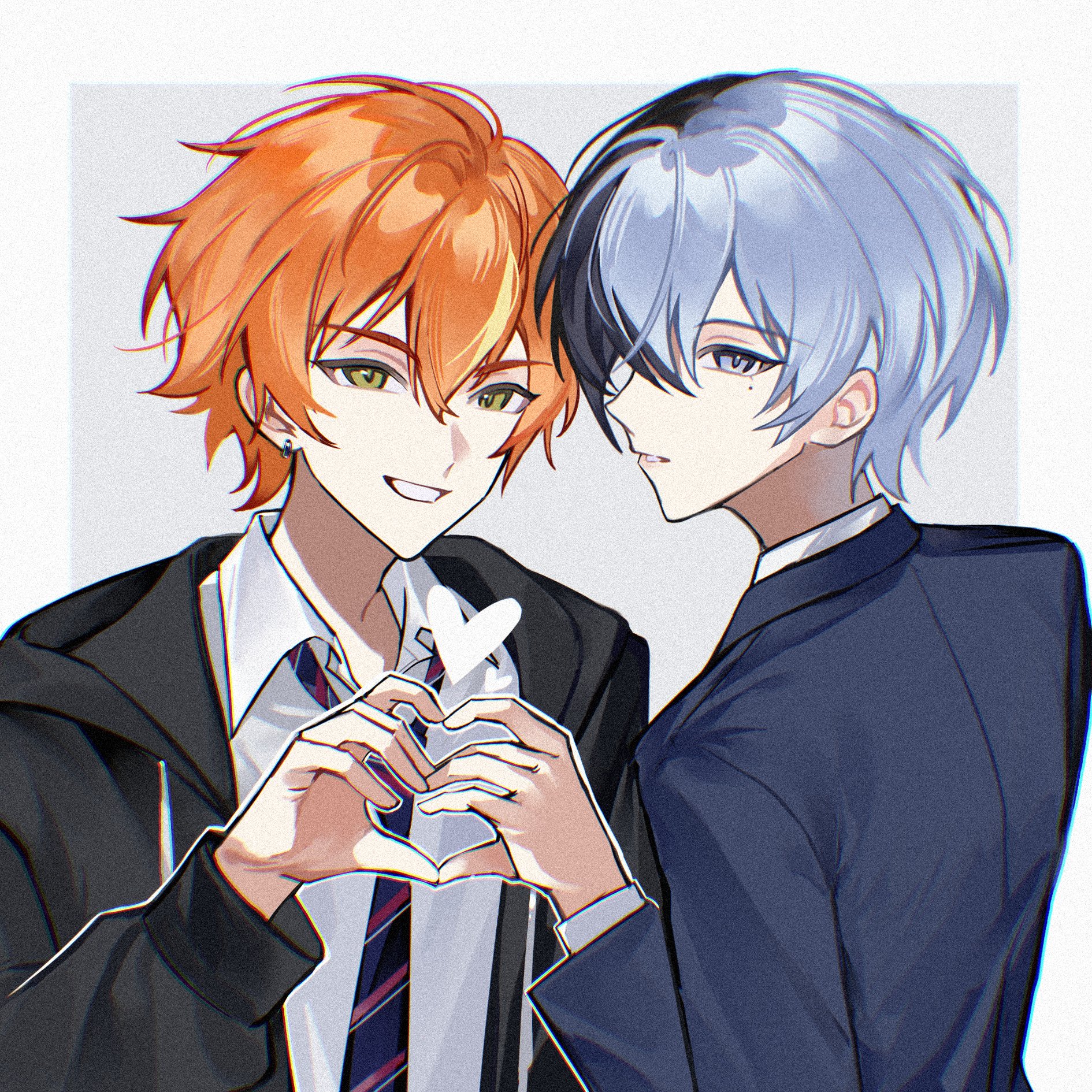 zhao yifei, aoyagi touya, shinonome akito, project sekai, commentary, highres, 2boys, blonde hair, blue eyes, blue hair, clenched teeth, collared shirt, diagonal-striped clothes, diagonal-striped necktie, drawstring, earrings, green eyes, hand up, heart, heart hands, heart hands duo, hood, hood down, jacket, jewelry, kamiyama high school uniform (project sekai), long sleeves, male focus, mole, mole under eye, multicolored hair, multiple boys, necktie, open clothes, open jacket, orange hair, school uniform, shirt, short hair, smile, split-color hair, streaked hair, striped clothes, teeth, two-tone hair, upper body, yaoi