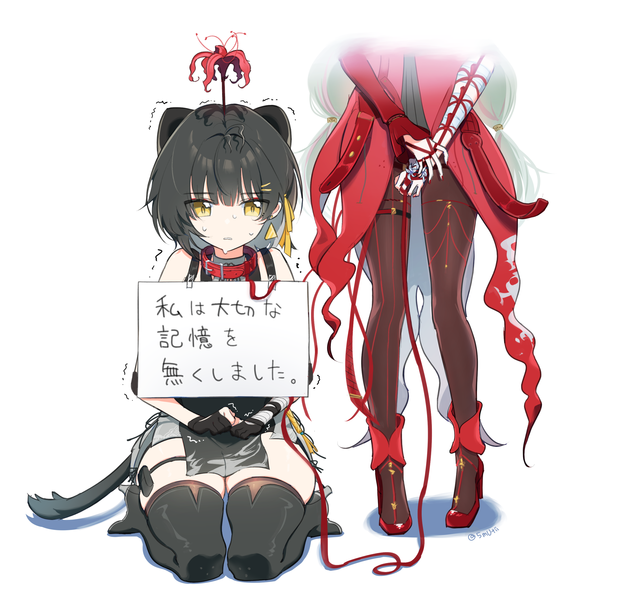 female rover (wuthering waves), phrolova (wuthering waves), rover (wuthering waves), wuthering waves, absurdres, commentary request, highres, revision, translated, 2girls, black boots, black bow, black hair, black pantyhose, black skirt, boots, bow, colored inner hair, earrings, flower, hair bow, hair ribbon, high heels, jewelry, multicolored hair, multiple girls, mutii, pantyhose, red flower, red shoes, ribbon, seiza, shoes, simple background, sitting, skirt, thigh boots, thighs, trembling, triangle earrings, white background, white hair, yellow ribbon