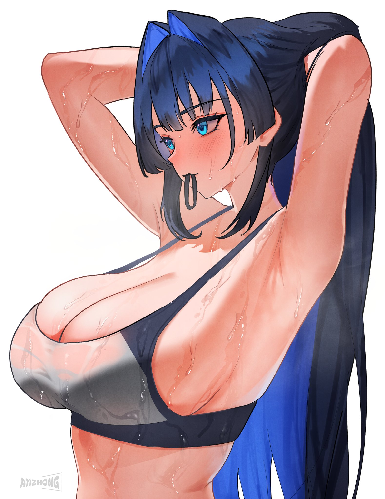 anzhong, ouro kronii, hololive, hololive english, highres, 1girl, alternate costume, armpits, arms up, artist name, blue eyes, blue hair, breasts, cleavage, colored inner hair, hair intakes, hair tie in mouth, large breasts, long hair, mouth hold, multicolored hair, simple background, solo, sweat, tying hair, virtual youtuber, white background