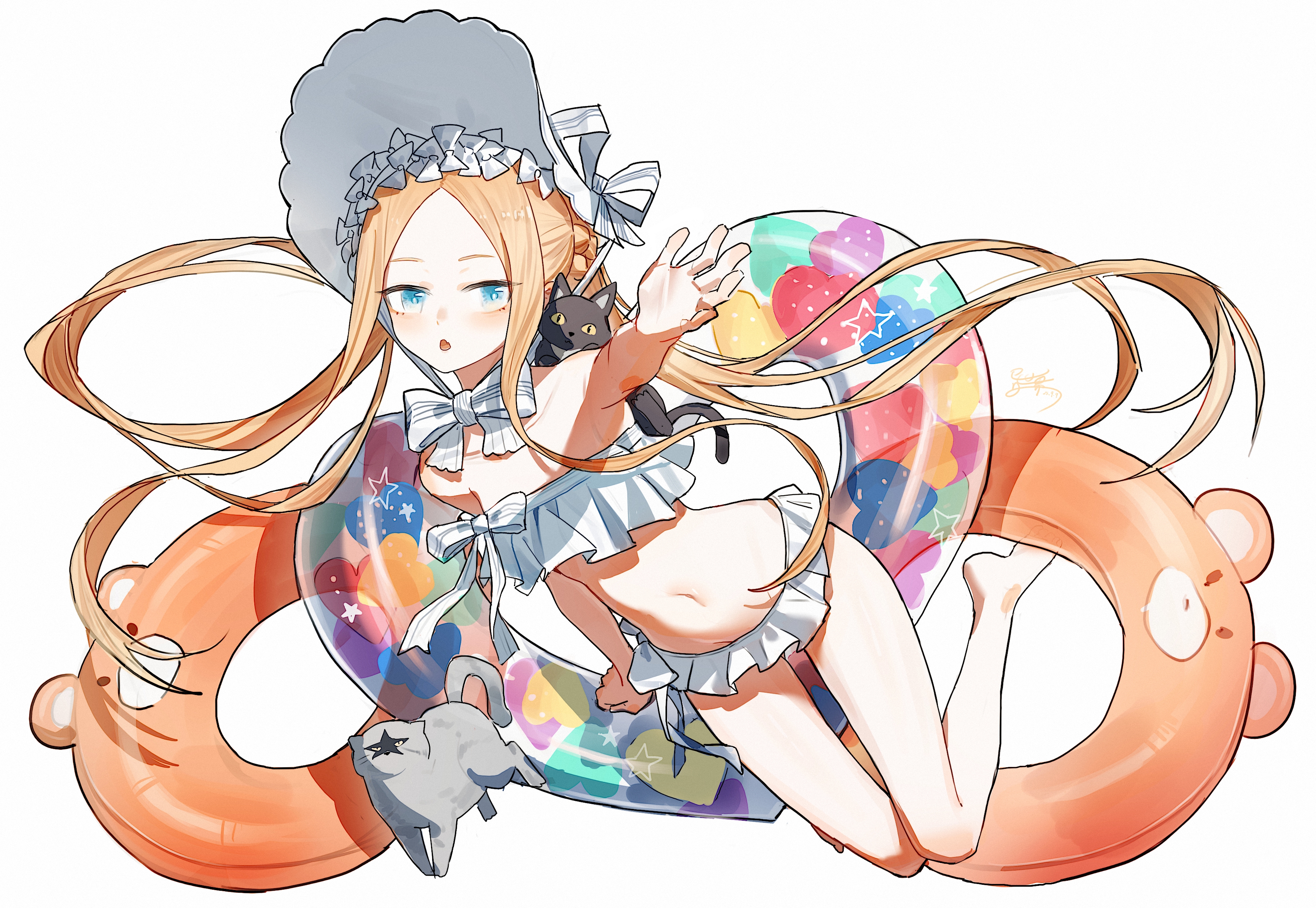 yisjhui, abigail williams (fate), fate/grand order, fate (series), absurdres, chinese commentary, commentary, highres, 1girl, animal ear innertube, bare legs, barefoot, bikini, black cat, blonde hair, blue eyes, bonnet, bow, bowtie, cat, collarbone, dated, fang, forehead, frilled bikini, frilled bonnet, frills, full body, grey cat, groin, heart-shaped innertube, innertube, long hair, navel, parted bangs, petite, ponytail, reaching, reaching towards viewer, sidelocks, signature, simple background, skin fang, solo, stomach, swim ring, swimsuit, very long hair, white background, white bikini, white bonnet, white bow, white bowtie