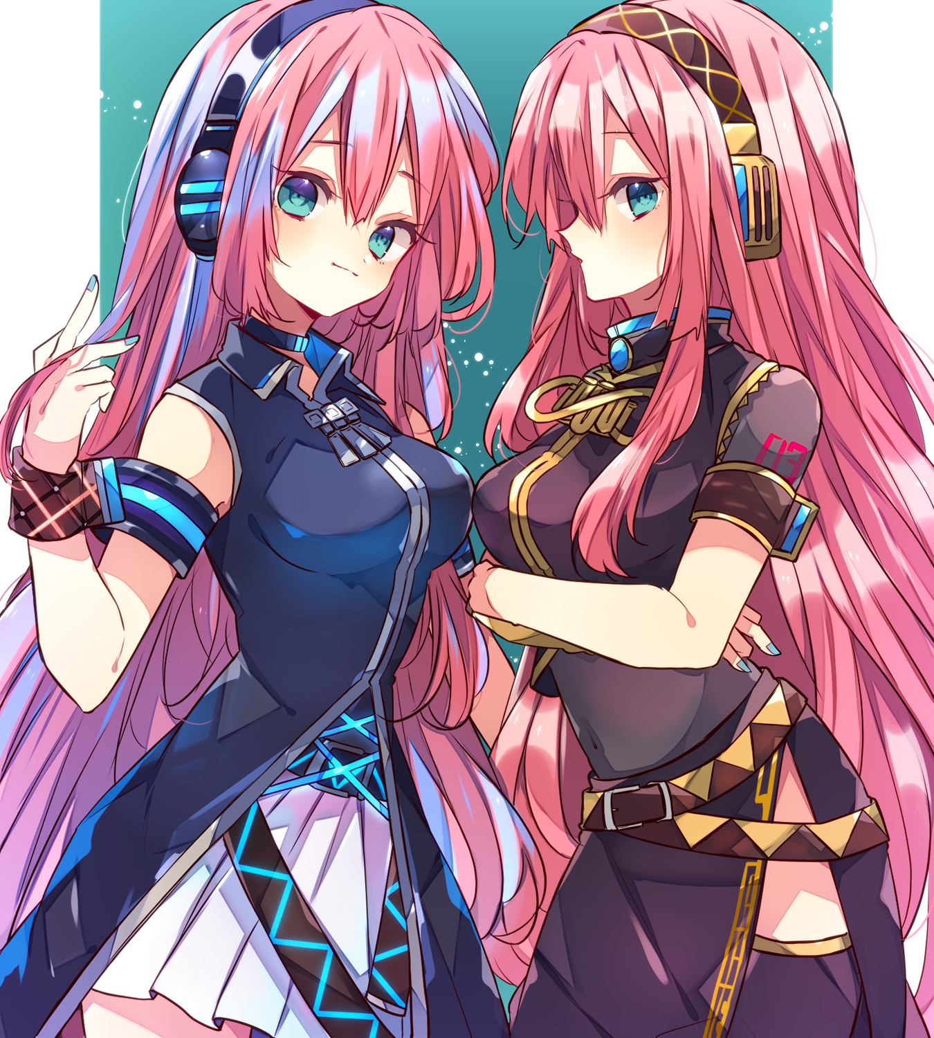 kaho 0102, megurine luka, vocaloid, commentary request, highres, 2girls, bare shoulders, blue dress, blue eyes, blush, breasts, brown shirt, closed mouth, cowboy shot, double-parted bangs, dress, dual persona, green background, hair between eyes, headphones, long hair, looking at viewer, medium breasts, megurine luka (if), multiple girls, number tattoo, outside border, pillarboxed, pink hair, pleated skirt, see-through clothes, see-through sleeves, shirt, short sleeves, shoulder tattoo, skirt, sleeveless, sleeveless dress, tattoo, white skirt