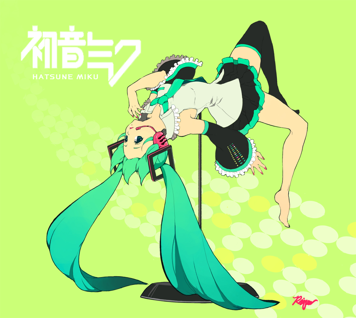 riqurr, hatsune miku, vocaloid, bad id, bad pixiv id, 1girl, aqua hair, arched back, barefoot, blue eyes, female focus, frills, headset, long hair, nail polish, pink nails, skirt, solo, thighhighs, twintails