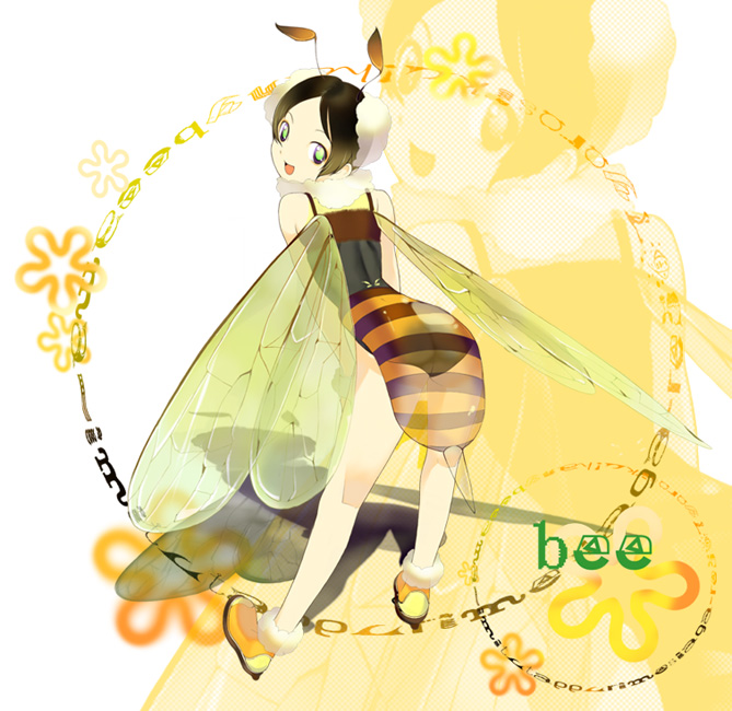 tsujisaki, bad id, bad pixiv id, 1girl, antennae, arthropod girl, ass, bee girl, bent over, black hair, female focus, full body, green eyes, insect wings, monster girl, short hair, solo, standing, stinger, wings