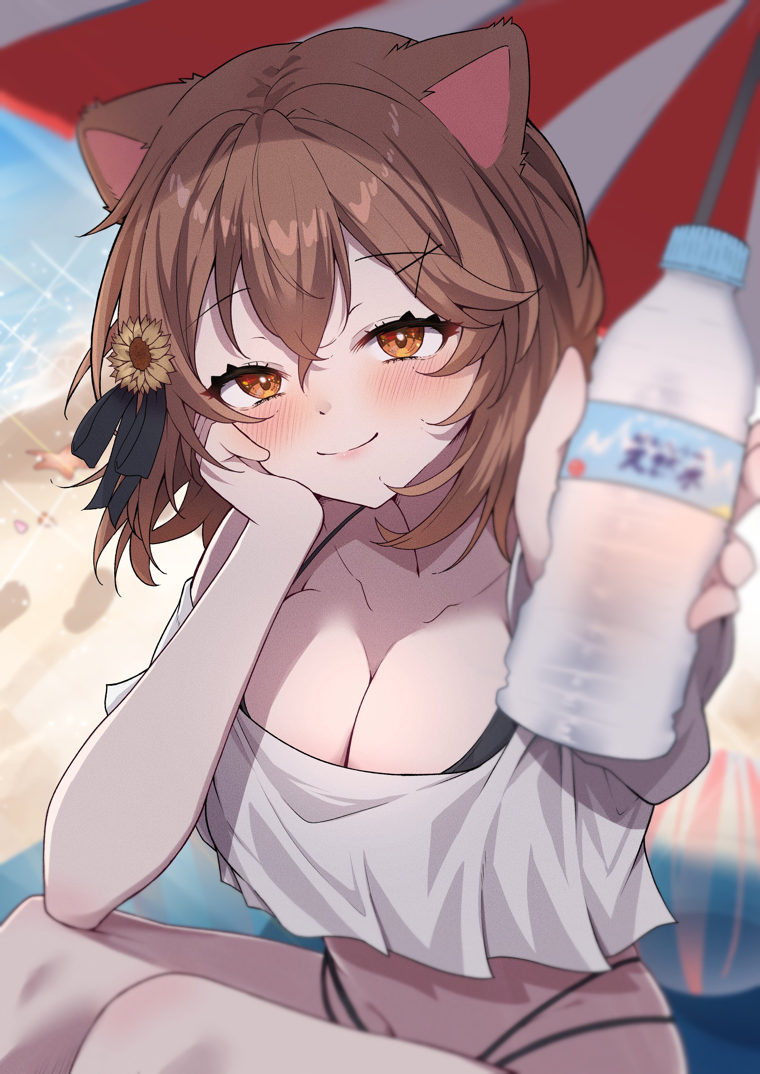4m4t0 0321, shishigami leona, re:act, absurdres, highres, 1girl, animal ears, ball, beach, beach umbrella, beachball, bikini, black bikini, blush, bottle, breasts, brown hair, cleavage, flower, glint, hair between eyes, hair flower, hair ornament, hand on own cheek, hand on own face, incoming drink, large breasts, lion ears, medium hair, navel, ocean, off-shoulder shirt, off shoulder, orange eyes, shirt, smile, solo, sparkle, starfish, sunflower, swimsuit, umbrella, virtual youtuber, water bottle