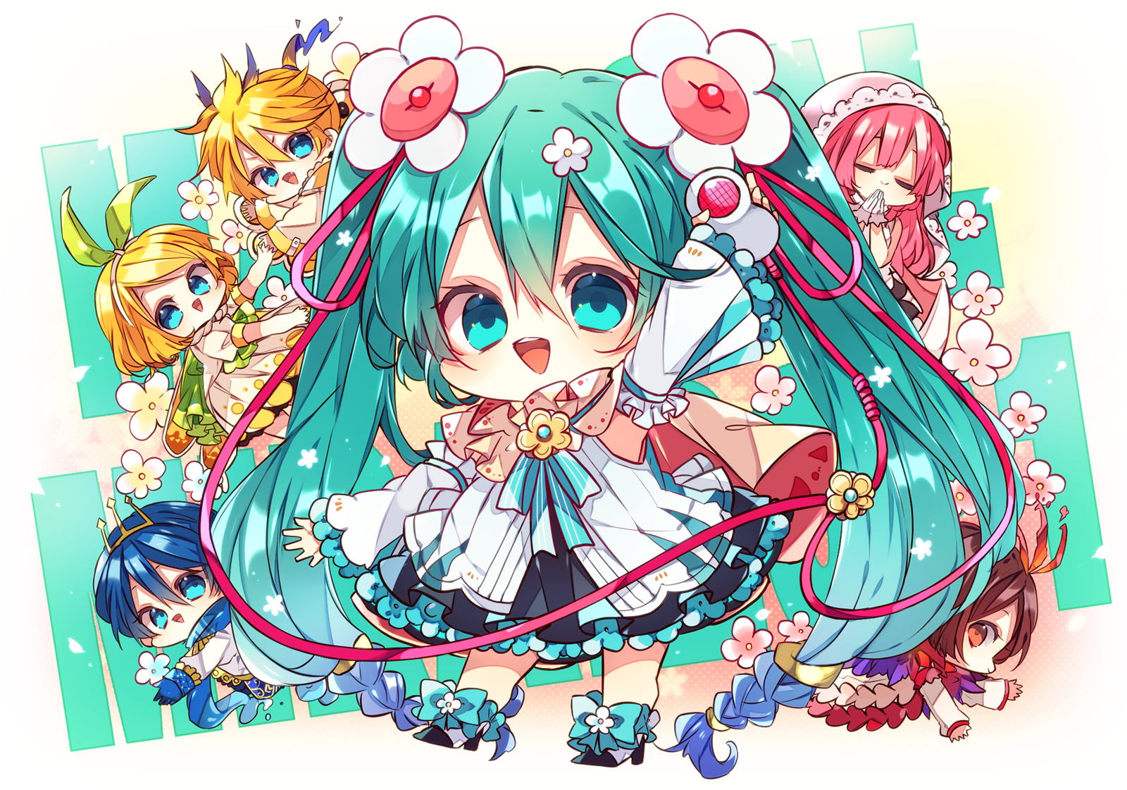 kaho 0102, hatsune miku, kagamine len, kagamine rin, kaito (vocaloid), megurine luka, meiko (vocaloid), vocaloid, commentary request, highres, 2boys, 4girls, :d, arm up, black skirt, blonde hair, blue eyes, blue hair, blue ribbon, bow hairband, brown eyes, brown hair, chibi, chibi only, closed eyes, closed mouth, detached sleeves, double-parted bangs, dress, fang, flower, full body, green hairband, hair between eyes, hair flower, hair ornament, hairband, hat, high heels, long hair, long sleeves, looking at viewer, multiple boys, multiple girls, neck ribbon, open mouth, pink hair, pink hat, pleated skirt, ribbon, shoes, short hair, skirt, sleeveless, sleeveless dress, smile, standing, twintails, v-shaped eyebrows, white dress, white flower, white shoes, white sleeves, wide sleeves