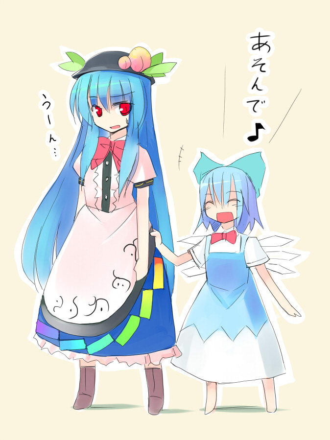 seo tatsuya, cirno, hinanawi tenshi, touhou, translated, 2girls, blue dress, blue hair, bow, bowtie, closed eyes, dress, dress shirt, female focus, food, fruit, hair bow, hat, long hair, multiple girls, musical note, peach, quaver, red eyes, shirt, short hair, simple background, smile, standing, sweatdrop, wings