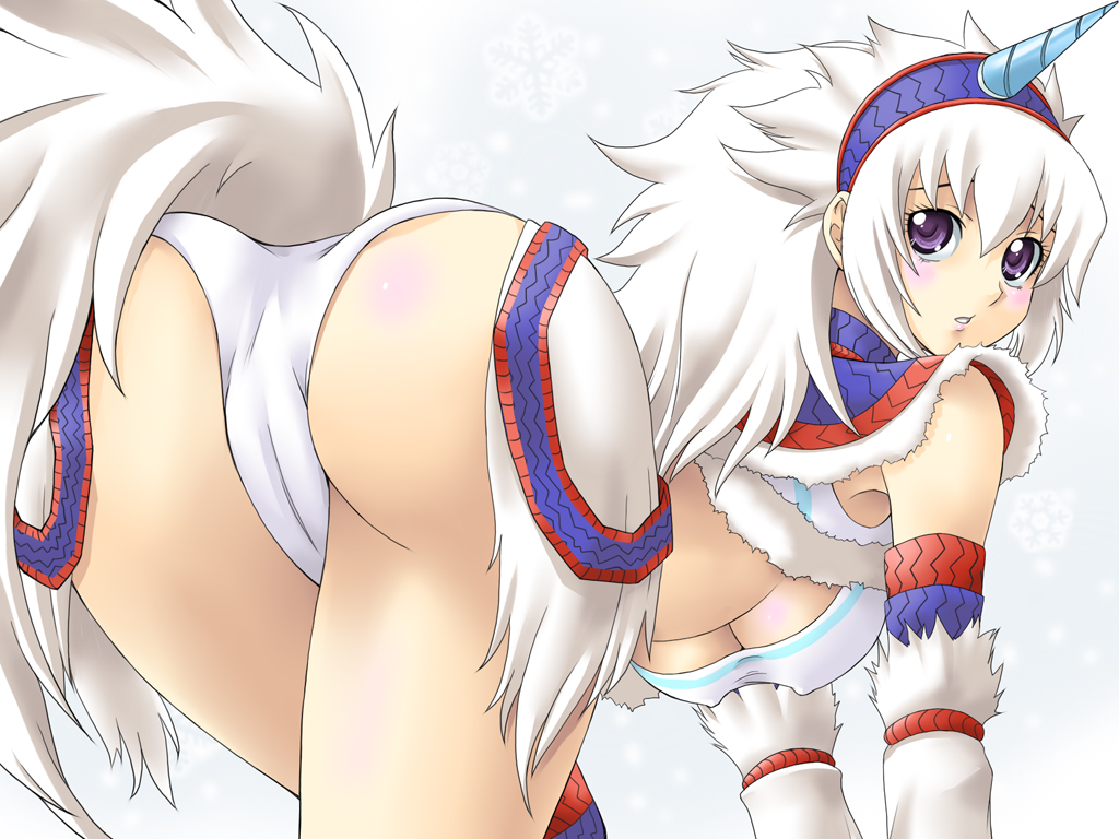 yaso shigeru, capcom, monster hunter (series), 1girl, all fours, ass, breasts, cameltoe, covered erect nipples, female focus, hairband, horns, kirin (armor), long hair, looking back, panties, purple eyes, single horn, snowflakes, solo, underboob, underwear, white hair