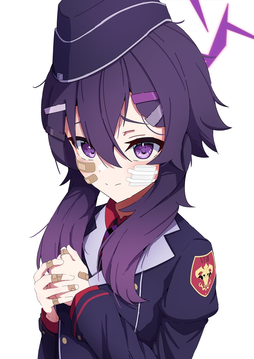 relief 07, haruka (blue archive), blue archive, highres, 1girl, bandaid, bandaid on cheek, bandaid on face, bandaid on finger, garrison cap, gauze, gauze on cheek, hair between eyes, halo, hat, jacket, long hair, looking at viewer, own hands together, purple eyes, purple hair, purple hat, purple jacket, simple background, solo, upper body, white background