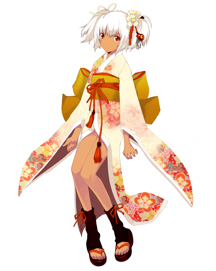 tsujisaki, bad id, bad pixiv id, dark-skinned female, dark skin, flower, hair flower, hair ornament, hair ribbon, japanese clothes, kimono, red eyes, ribbon, sandals, solo, twintails, white hair