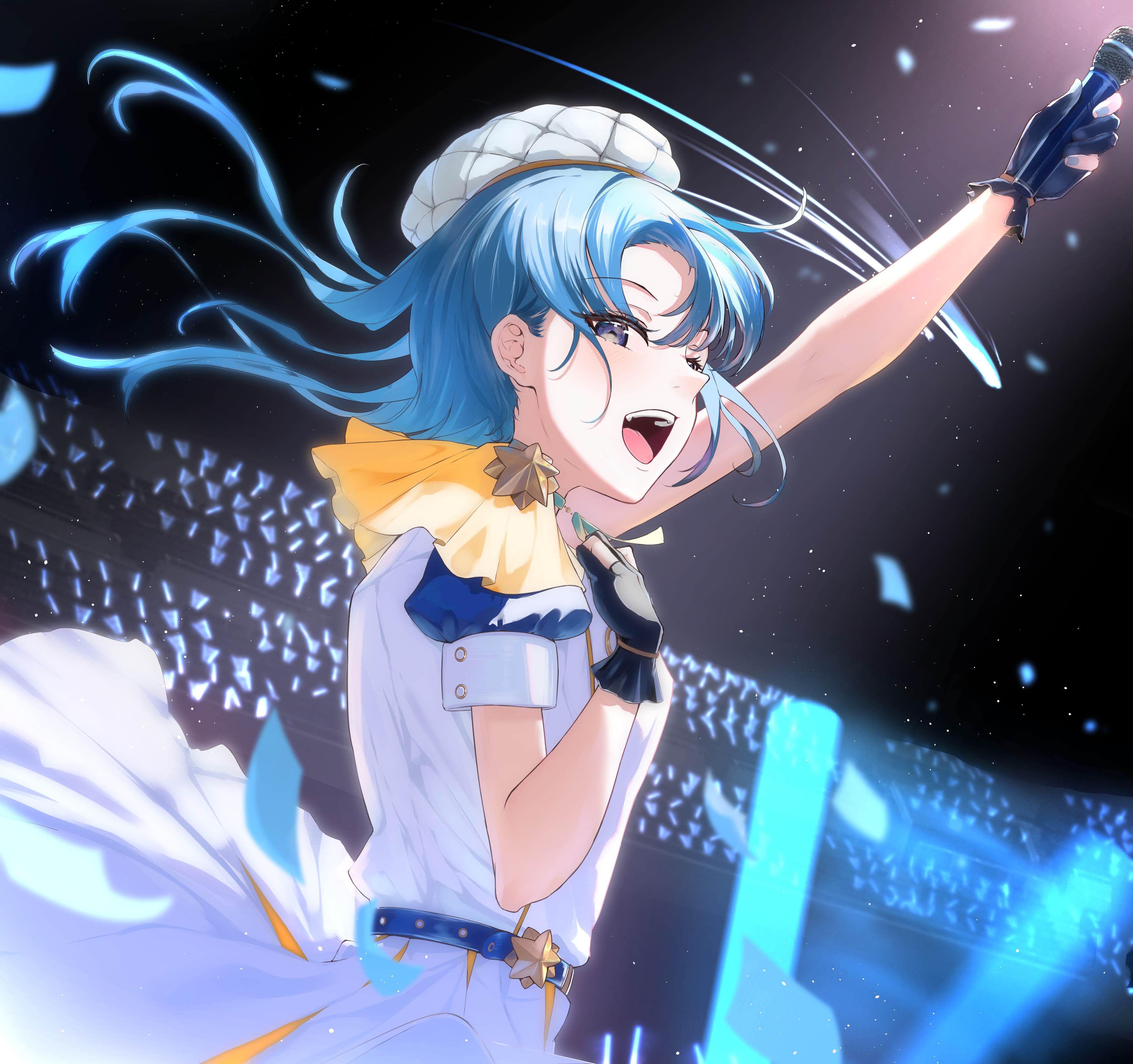 red o7, hoshimachi suisei, hololive, absurdres, highres, 1girl, afterimage, arm up, belt, beret, black background, black gloves, blue belt, blue eyes, blue hair, blue nails, choker, concert, confetti, curtained hair, dress, fingernails, floating clothes, floating hair, frilled gloves, frills, from side, gloves, glowstick, green choker, hair behind ear, hand up, hat, holding, holding microphone, idol, idol clothes, light particles, long hair, looking ahead, microphone, nail polish, nose, open mouth, partially fingerless gloves, penlight (glowstick), profile, puffy short sleeves, puffy sleeves, quilted clothes, quilted headwear, shooting star, short sleeves, sleeve cuffs, smear frame, solo, star-shaped buckle, star (symbol), upper body, virtual youtuber, white dress, white hat, white sleeve cuffs