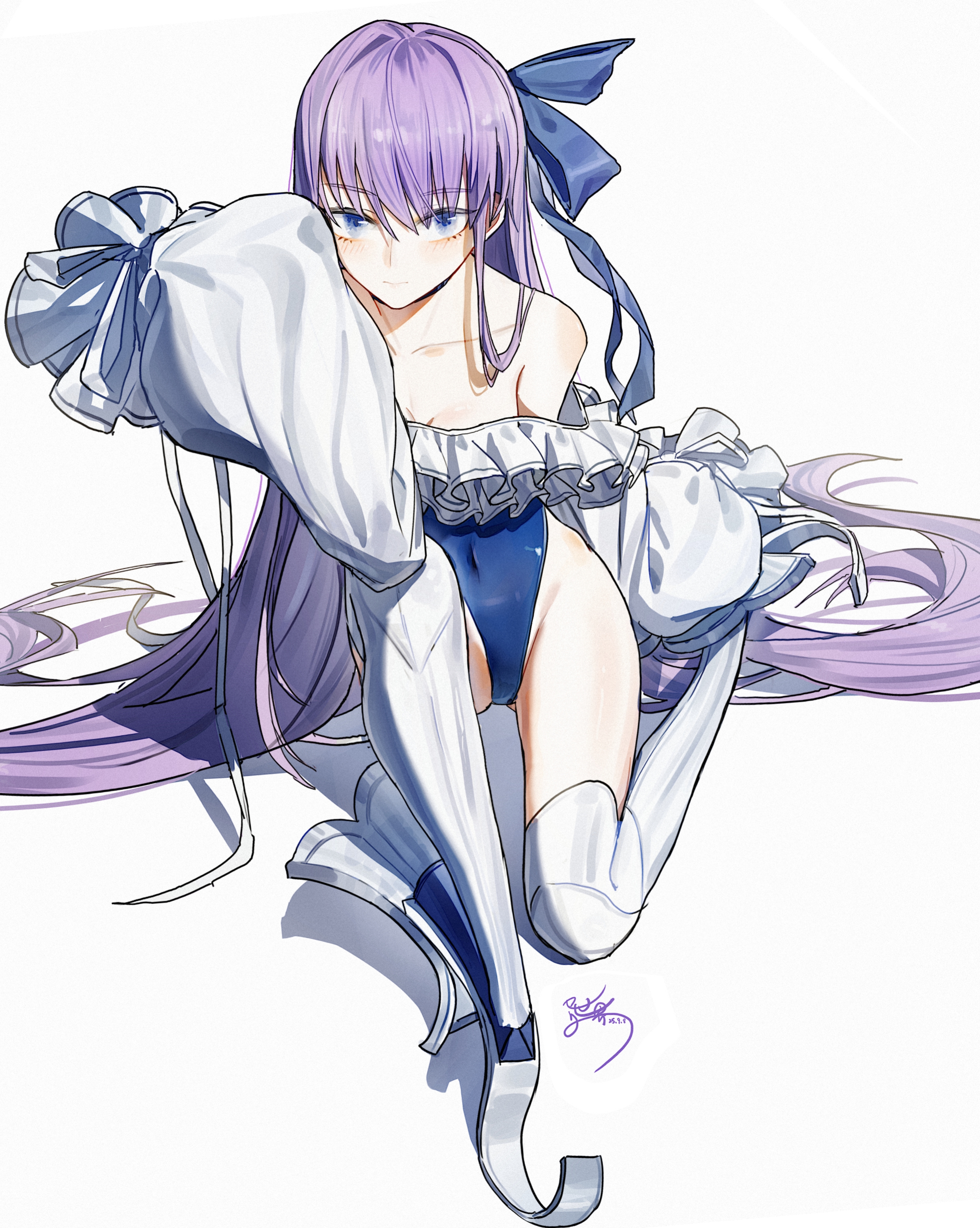 yisjhui, fate (series), absurdres, character request, copyright request, highres, 1girl, bare shoulders, blue eyes, blue leotard, blush, bow, breasts, cleavage, dated, detached sleeves, full body, hair bow, leotard, long hair, long sleeves, looking at viewer, on one knee, prosthesis, prosthetic leg, puffy sleeves, purple hair, running blades, shoulder blush, signature, simple background, sleeves past fingers, sleeves past wrists, solo, very long hair, white background