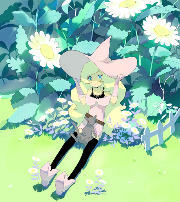 tsujisaki, original, bad id, bad pixiv id, belt, blonde hair, blue eyes, cat, elbow gloves, flower, gloves, grass, hat, long hair, nature, solo, thighhighs, witch, witch hat