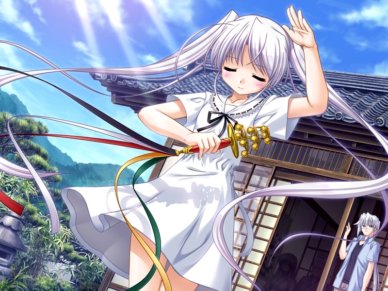 bekkankou, tougi shiro, fortune arterial, silver hair, game cg, source request, 1boy, 1girl, bell, blush, closed eyes, dancing, day, dress, jingle bell, kagura suzu, long hair, outdoors, shrine, sky, stone lantern, sunlight, twintails