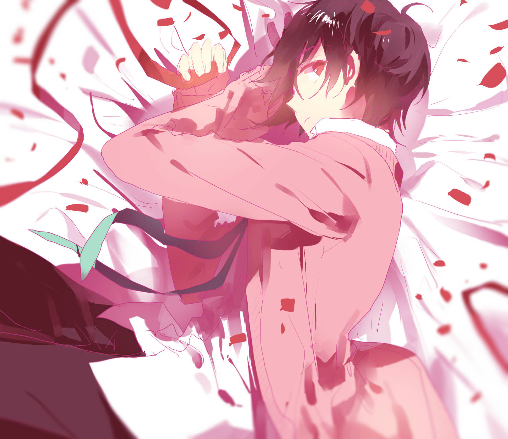 min (120716), yazawa nico, love live!, love live! school idol project, chinese commentary, commentary request, highres, 1boy, black hair, closed mouth, genderswap, genderswap (ftm), green necktie, holding, holding ribbon, jacket, long sleeves, looking at viewer, lying, male focus, necktie, on side, open clothes, open jacket, pink jacket, red eyes, red petals, red ribbon, ribbon, short hair, sideways glance, solo