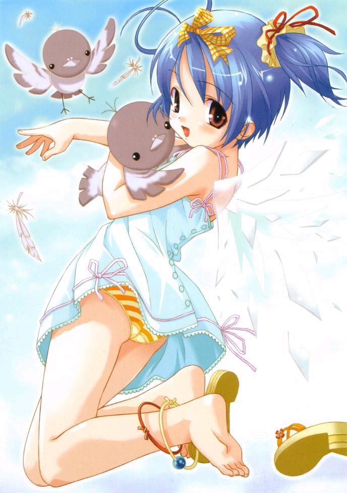 plaid, anklet, barefoot, bird, blue hair, brown eyes, camisole, feet, jewelry, jumping, loli, panties, pantyshot, ribbon, sandals, shoes, single shoe, soles, solo, striped clothes, striped panties, twintails, underwear, upskirt, wings