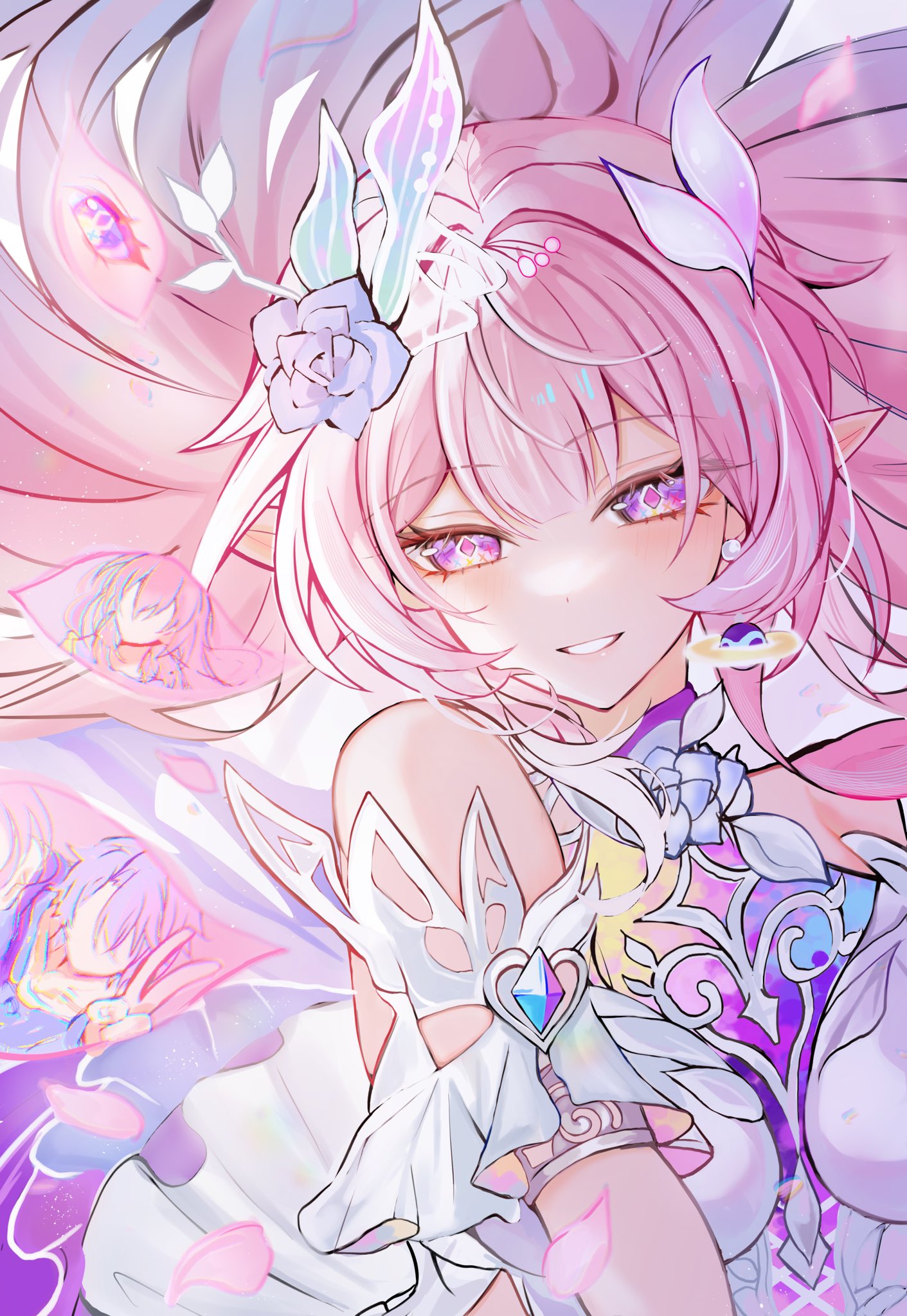 hisui (xztw), cyrene (honkai: star rail), cyrene (ripples of past reverie) (honkai: star rail), honkai: star rail, honkai (series), highres, 1girl, bare shoulders, breasts, detached sleeves, diamond-shaped pupils, diamond (shape), dress, earrings, falling petals, flower, hair flower, hair ornament, jewelry, large breasts, long hair, parted lips, petals, pink hair, pointy ears, purple eyes, smile, solo, symbol-shaped pupils, upper body, very long hair, white dress