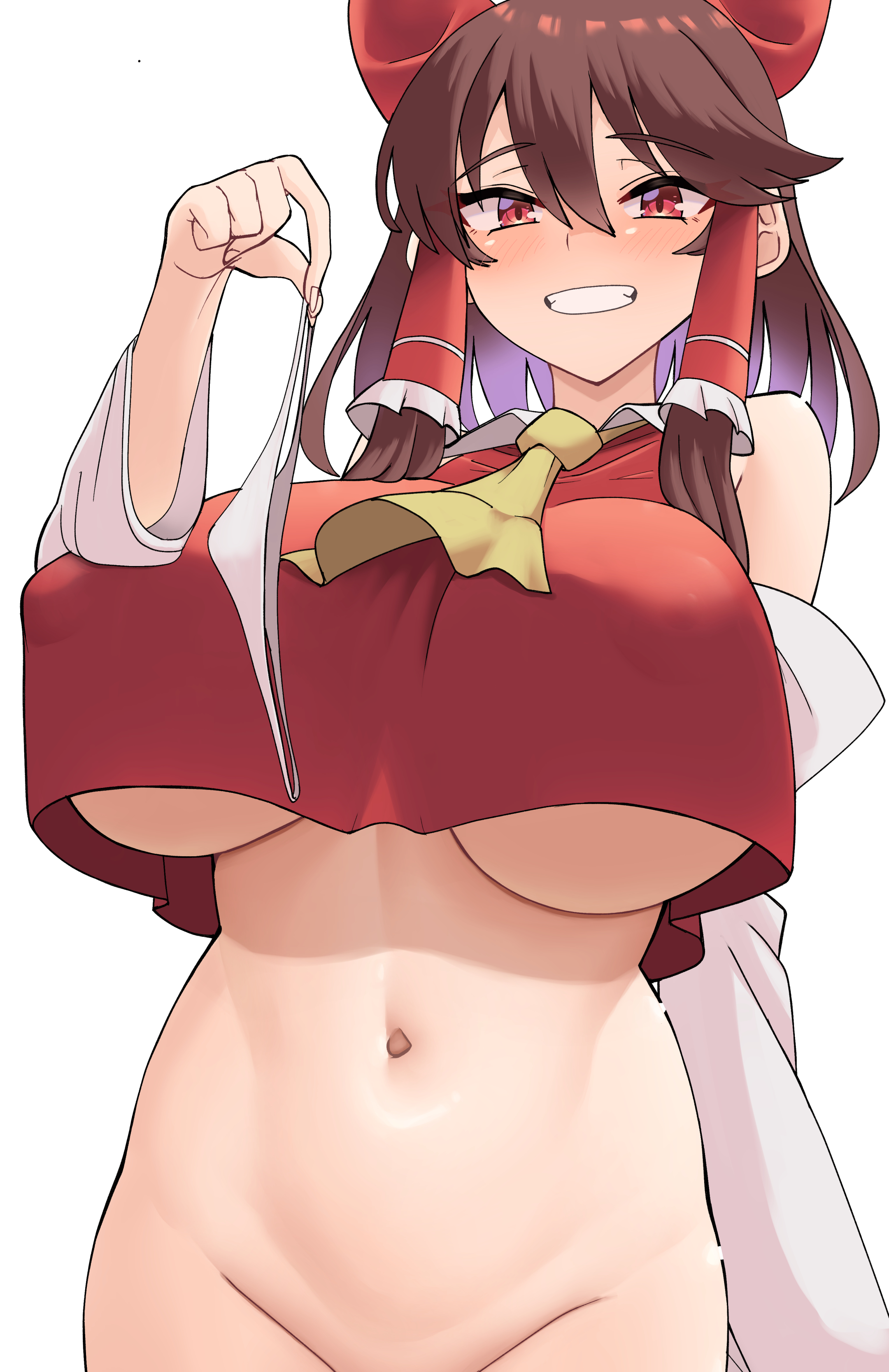pyukasshori, hakurei reimu, reu (cookie), cookie (touhou), touhou, absurdres, highres, 1girl, ascot, blush, bottomless, bow, breasts, brown hair, cowboy shot, crop top, detached sleeves, frilled hair tubes, frills, grin, hair bow, hair tubes, holding, holding panties, holding underwear, holding unworn clothes, huge breasts, long hair, looking at viewer, open mouth, out-of-frame censoring, panties, red bow, red eyes, shirt, simple background, sleeveless, sleeveless shirt, smile, solo, underboob, underwear, white background, white panties, white sleeves, yellow ascot