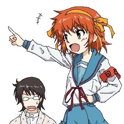 yokoyoko, akashi kaoru, hirano aya, itoshiki nozomu, kamiya hiroshi, minamoto kouichi, suzumiya haruhi, sayonara zetsubou sensei, suzumiya haruhi no yuuutsu, zettai karen children, lowres, 1boy, 1girl, armband, cosplay, itoshiki nozomu (cosplay), oekaki, pointing, suzumiya haruhi (cosplay), voice actor connection