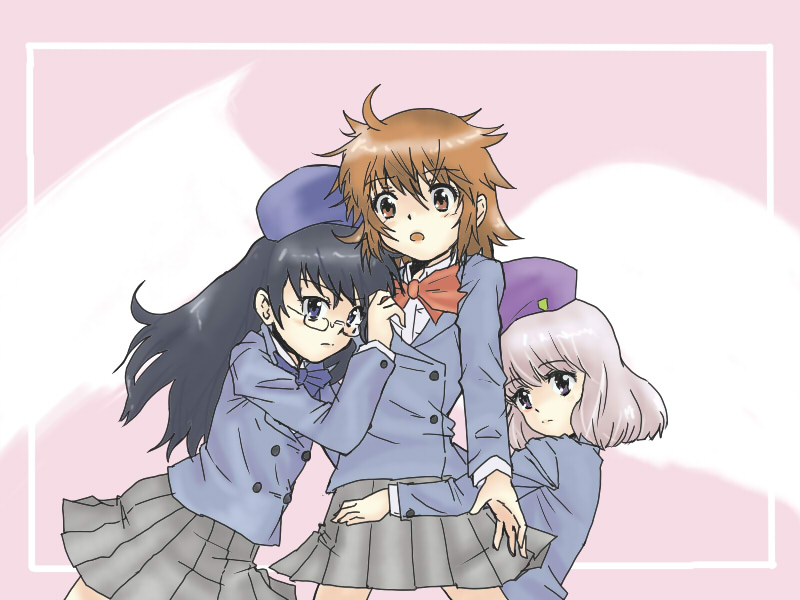 yokoyoko, akashi kaoru, nogami aoi, sannomiya shiho, zettai karen children, 00s, 3girls, :o, black hair, blazer, blue eyes, brown eyes, brown hair, glasses, grey eyes, grey hair, hand on another's chest, hat, jacket, long hair, multiple girls, short hair, simple background, skirt, wings
