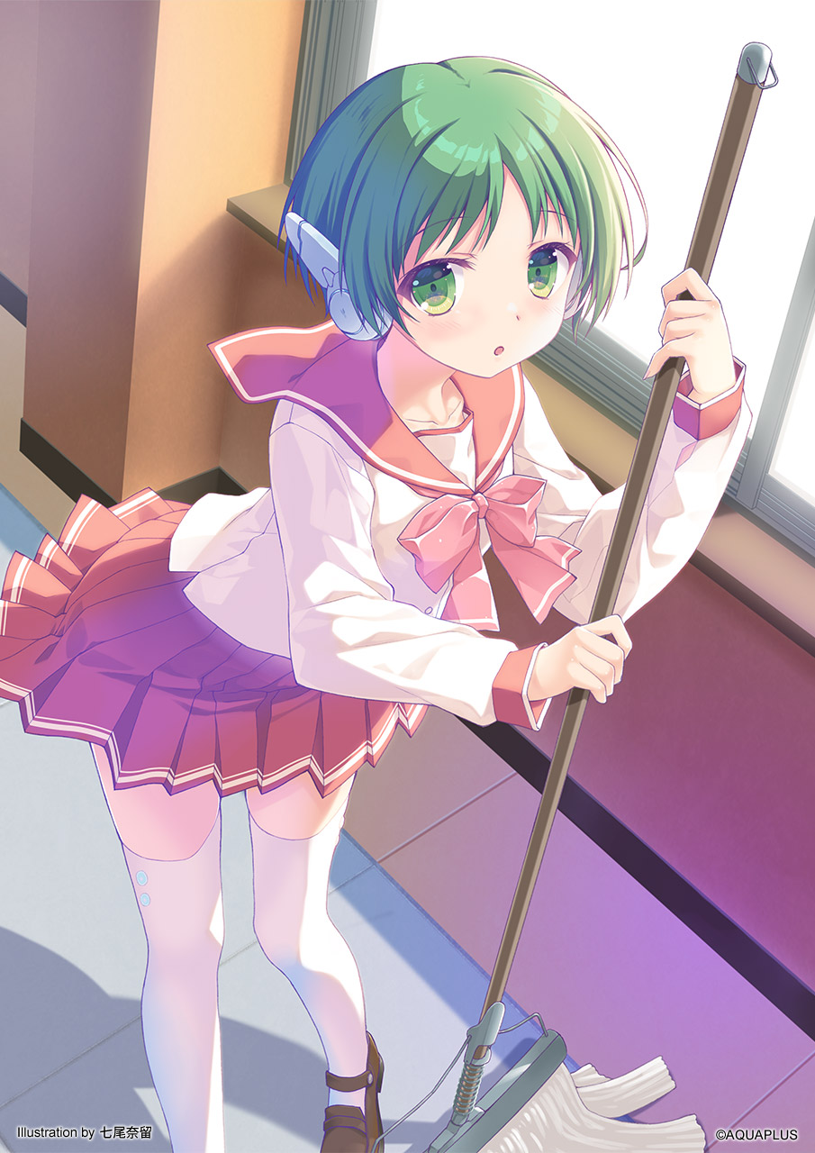 nanao naru, multi (to heart), aquaplus, to heart, to heart (series), shoe strap, commentary request, highres, official art, second-party source, 1girl, android, artist name, blouse, blush, bow, brown shoes, buttons, collarbone, collared shirt, company name, contrast collar, copyright notice, dress shoes, from above, green eyes, green hair, guest art, hallway, holding, holding mop, ice, indoors, loafers, long sleeves, looking at viewer, mop, open mouth, pink bow, pleated skirt, red sailor collar, red skirt, red sleeve cuffs, robot ears, sailor collar, school, shadow, shirt, shoes, side slit, skirt, sleeve cuffs, solo, sunlight, thighhighs, tile floor, tiles, white sleeves, white thighhighs, window