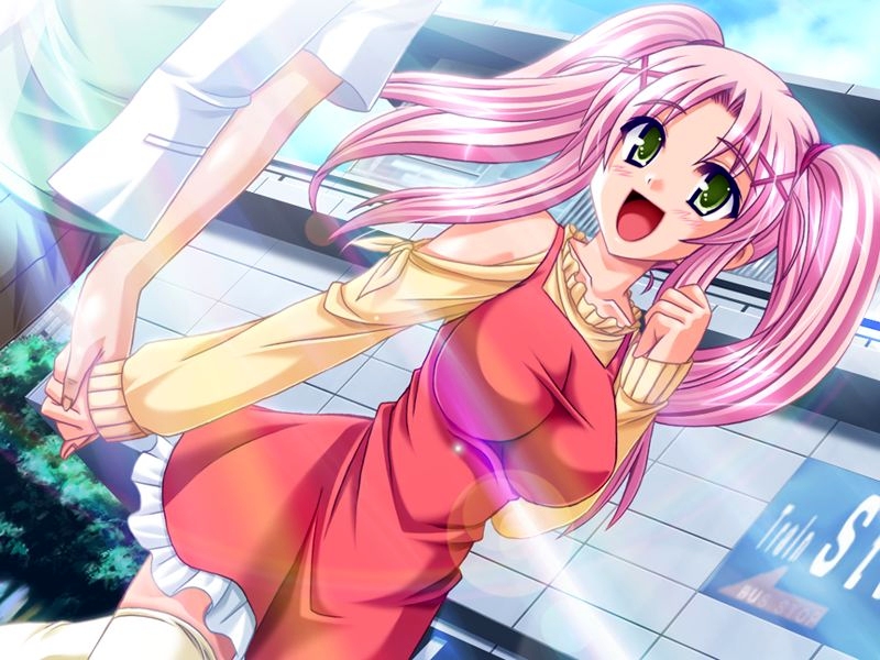 akaza, momomoto mitsuna, yuugeki keikan patvessel, game cg, 1girl, breasts, dress, female focus, green eyes, happy, holding hands, impossible clothes, impossible shirt, large breasts, lens flare, light rays, pink hair, shirt, solo, solo focus, sunbeam, sunlight, sweater, taut clothes, taut shirt, thighhighs, twintails, walking, zettai ryouiki