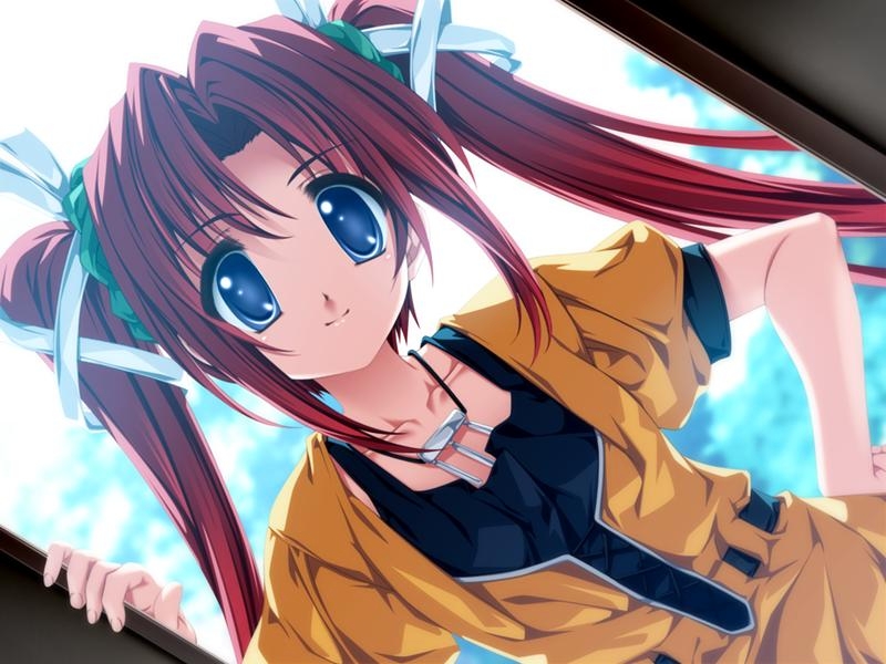 senomoto hisashi, mint tetra, princess frontier, game cg, source request, 1girl, blue eyes, dutch angle, female focus, red hair, solo, twintails