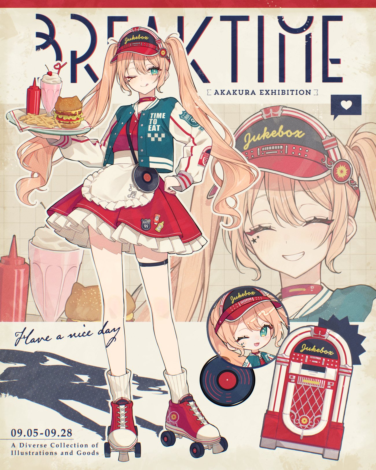 akakura, original, commentary, highres, symbol-only commentary, 1girl, aqua eyes, artist name, bright pupils, chibi, clenched teeth, closed eyes, closed mouth, dress, english text, full body, grin, jacket, long hair, long sleeves, looking at viewer, multiple views, one eye closed, open clothes, open jacket, red dress, red shoes, shadow, shoes, smile, socks, standing, teeth, tongue, tongue out, twintails, very long hair, visor cap, white pupils, white socks