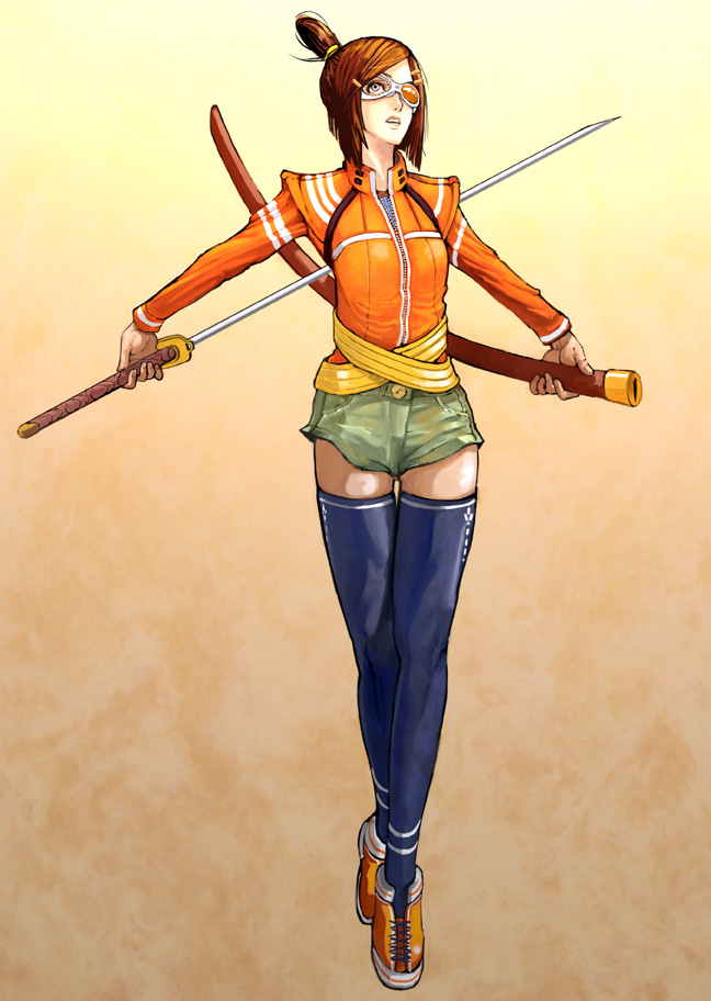 ishibashi yosuke, brown hair, glasses, katana, ponytail, shorts, solo, sword, thighhighs, weapon