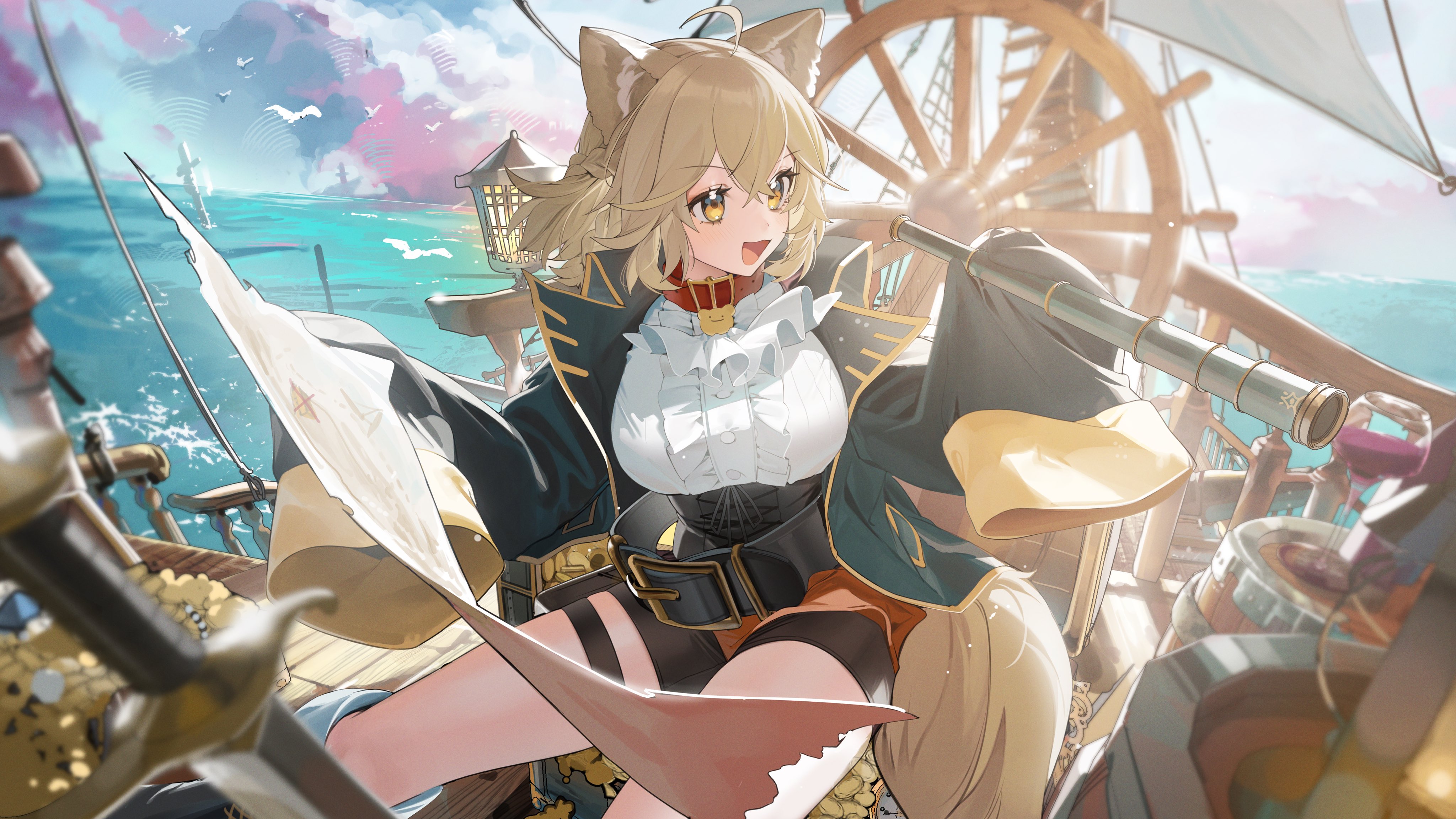 hiiragi mikoto, original, absurdres, commentary request, commission, highres, second-party source, skeb commission, 1girl, :3, ahoge, animal ear fluff, animal ears, belt, belt collar, black belt, black jacket, black shorts, blonde hair, blush, braid, center frills, cloud, collar, fox ears, fox tail, frilled shirt, frills, horizon, jacket, long hair, mast, medium hair, monocular, ocean, open clothes, open jacket, open mouth, outdoors, red collar, ship, ship's wheel, shirt, shorts, sky, solo, tail, thighs, watercraft, white shirt, yellow eyes