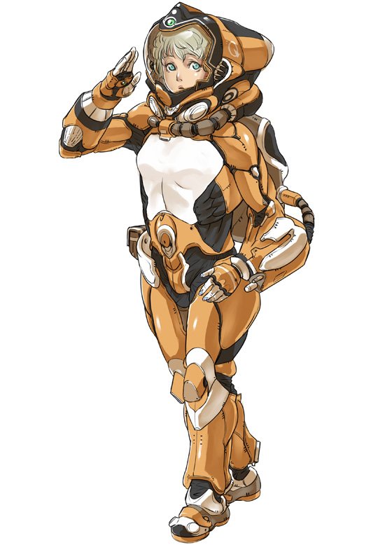 ishibashi yosuke, original, silver hair, 1girl, armor, blue eyes, female focus, salute, science fiction, solo, spacesuit