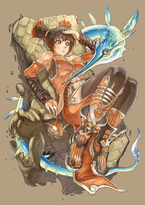 ishibashi yosuke, detached sleeves, fish, monster, multicolored hair, short hair, sitting, solo, thighhighs, two-tone hair