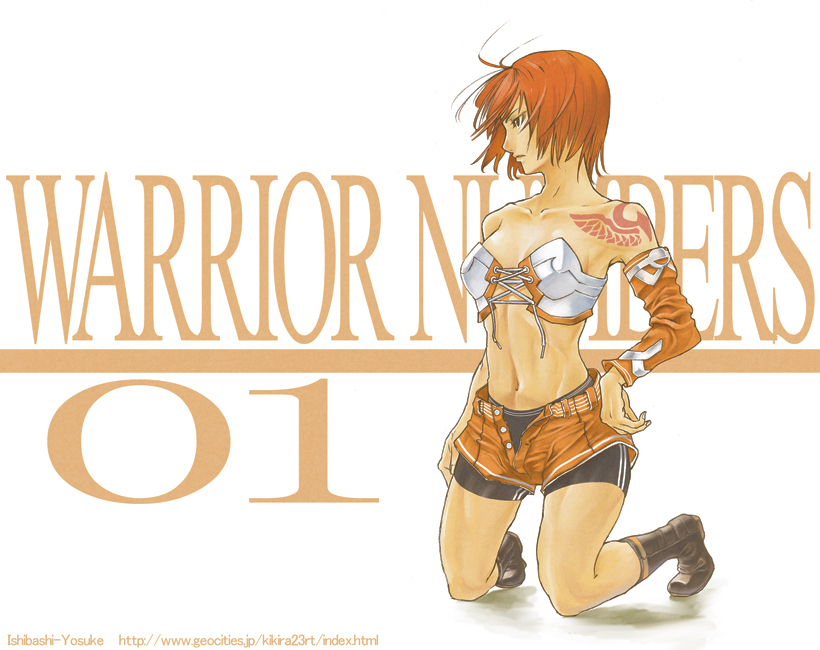 ishibashi yosuke, bare shoulders, bike shorts, boots, detached sleeves, kneeling, midriff, orange hair, short hair, shorts, solo, tattoo