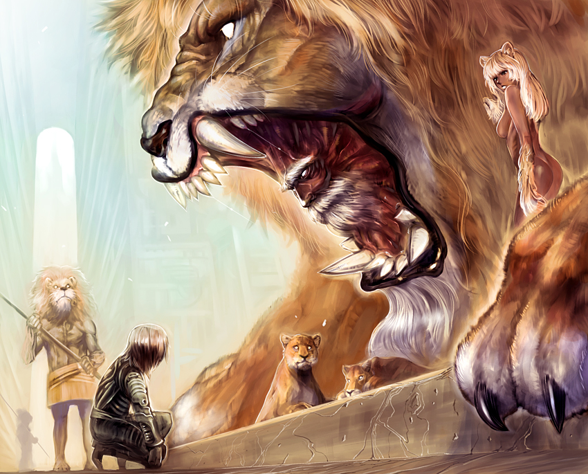 ishibashi yosuke, copyright request, 1boy, 1girl, animal ears, armor, ass, beard, claws, dark skin, facial hair, fangs, glowing, glowing eyes, guard, kneeling, lion, lion ears, monster, monster girl, nude, open mouth, polearm, spear, weapon, what, white hair