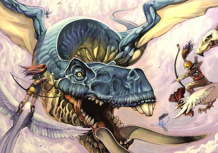ishibashi yosuke, aerial battle, arrow (projectile), battle, bird, bow (weapon), cloud, dragon, fighting, flying, monster, riding, weapon