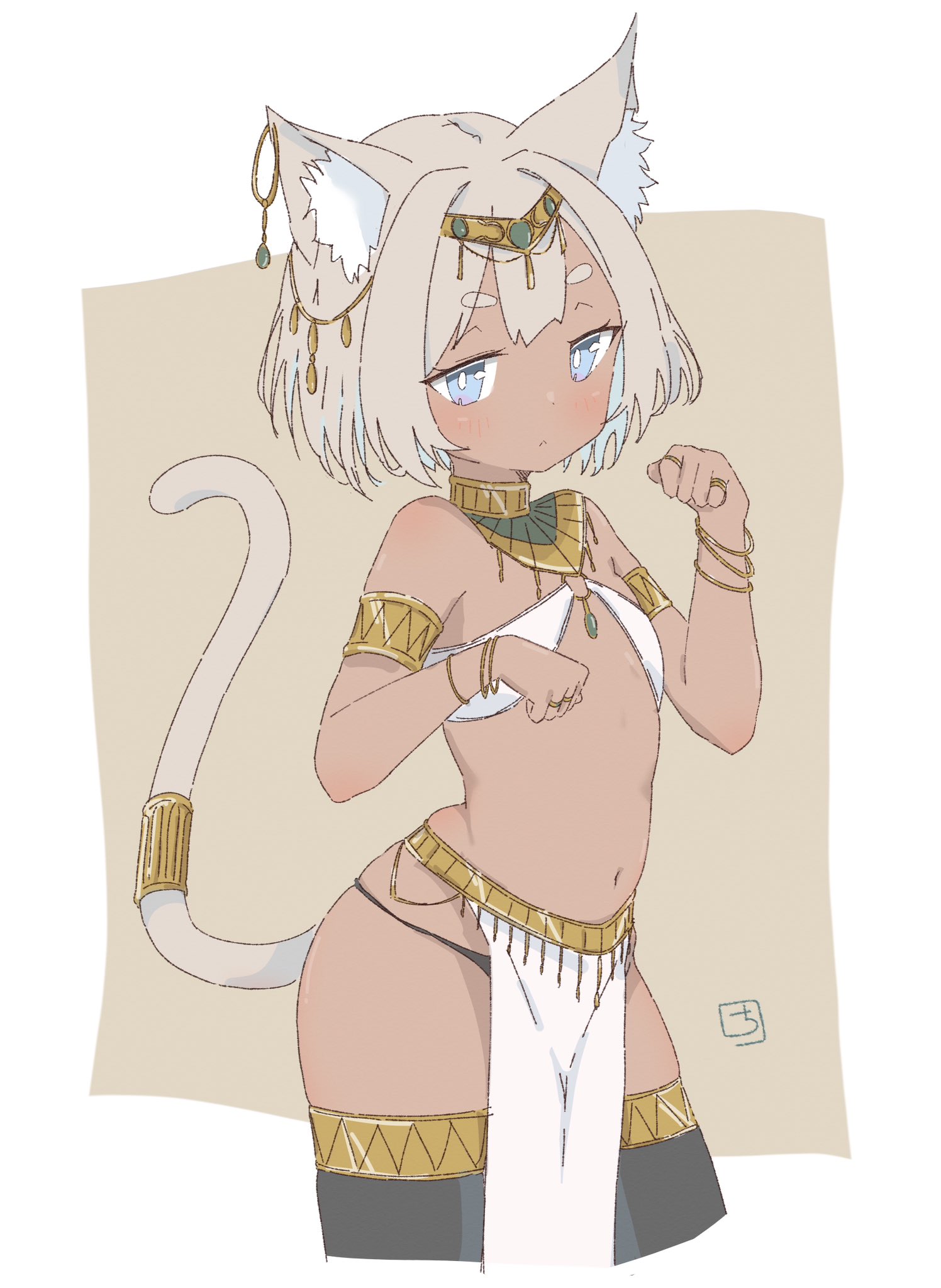 chuttttty ill, original, commentary request, highres, 1girl, :<, ancient egyptian, ancient egyptian clothes, animal ear fluff, animal ears, armlet, bare shoulders, black thighhighs, blue eyes, bracelet, bright pupils, cat ears, cat tail, closed mouth, cowboy shot, cropped legs, dark-skinned female, dark skin, expressionless, grey hair, hands up, if you want to become a godly artist (trend), jewelry, jitome, loincloth, looking at viewer, multiple rings, navel, paw pose, ring, short hair, simple background, solo, tail, tail ornament, tail raised, tail ring, thick eyebrows, thighhighs, usekh collar, white loincloth, white pupils