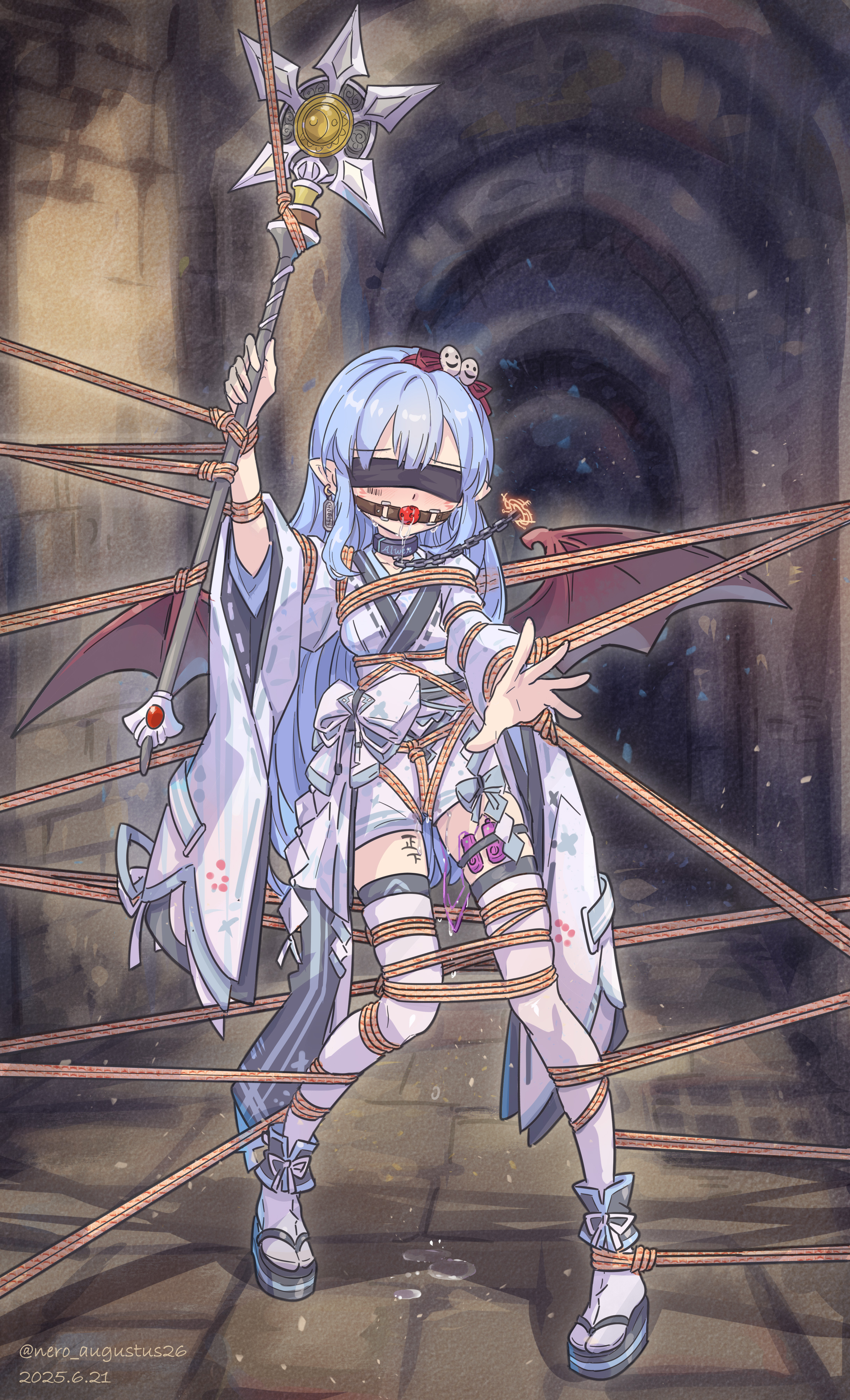 nero augustus, alwen du moonbria, zwei 2, absurdres, highres, 1girl, alternate costume, architecture, ball gag, bat wings, bdsm, blindfold, blue hair, blush, bondage, bound, bound arms, bound legs, collar, crotch rope, dated, egg vibrator, gag, gagged, hair ornament, holding, holding staff, indoors, japanese clothes, long hair, obi, okobo, platform sandals, pointy hair, pussy juice, reaching, reaching towards viewer, sandals, sash, sex toy, staff, stone floor, tabi, thighhighs, twitter username, very long hair, vibrator, vibrator in thigh strap, vibrator under clothes, white thighhighs, wide sleeves, wings