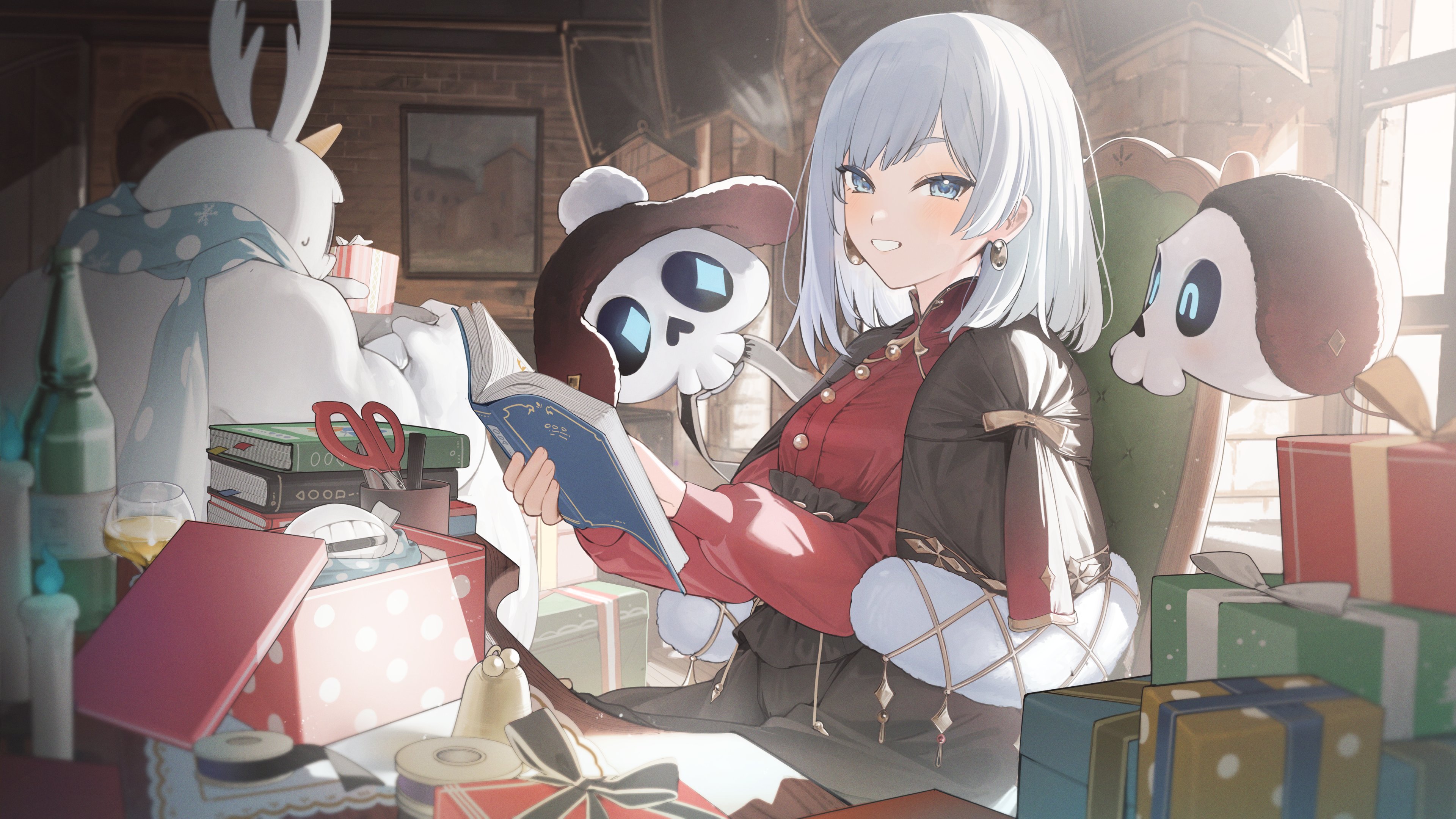 hiiragi mikoto, akershus fortress (oshiro project), oshiro project:re, absurdres, commentary request, commission, highres, second-party source, skeb commission, 1girl, black capelet, black skirt, blue eyes, book, box, capelet, chair, earrings, floating skull, gift, gift box, grey hair, holding, holding book, indoors, jewelry, long sleeves, looking at viewer, monster, on chair, open book, red shirt, shirt, sitting, skirt, solo, teeth, window